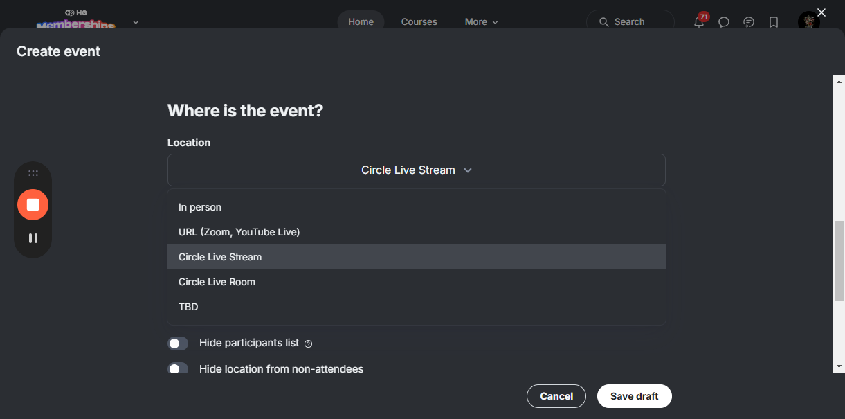 Step #7: Click on "Circle Live Stream." (If you choose Room, that makes everybody's audio and video public.)