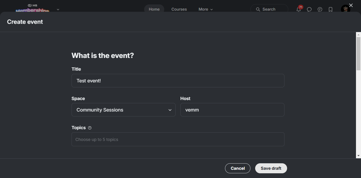 Step #9: Click on "Save draft," and after you do, a URL will be created for your event based on the title you put in on that screen. It will then take you to advanced settings.