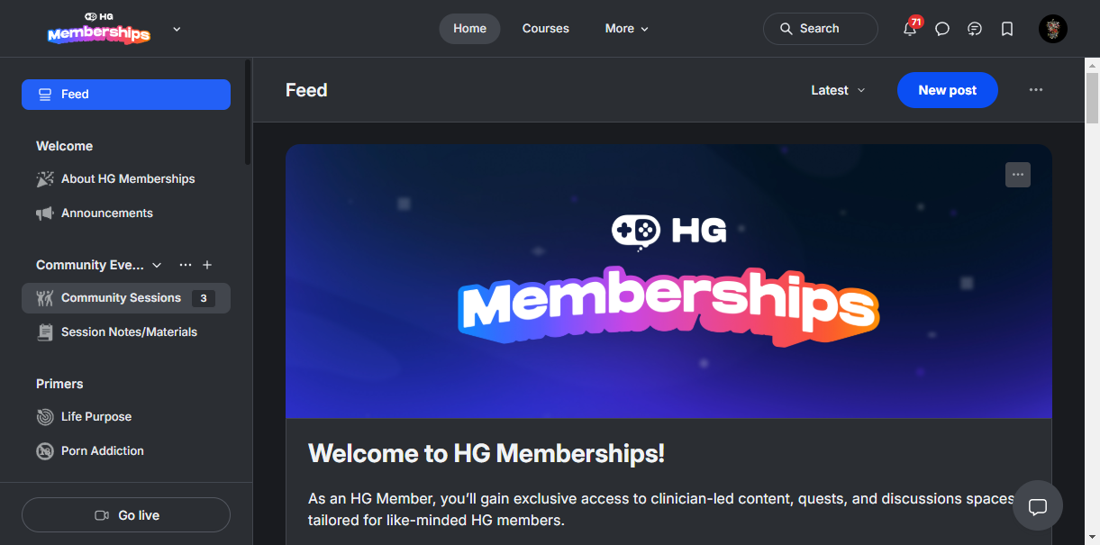 Step #1: Go to Feed | HG Memberships and click on "Community Sessions"