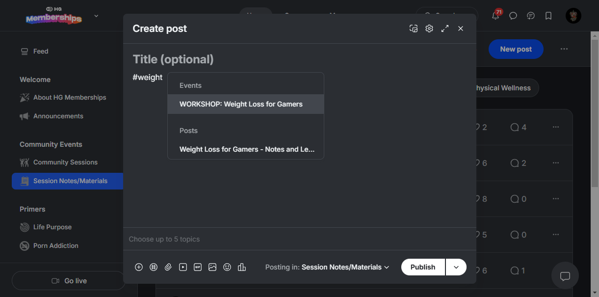 Step #18: When posting something like this, use a hashtag and start typing in the title of your event. This allows you to link a past event, enabling people to see the recording