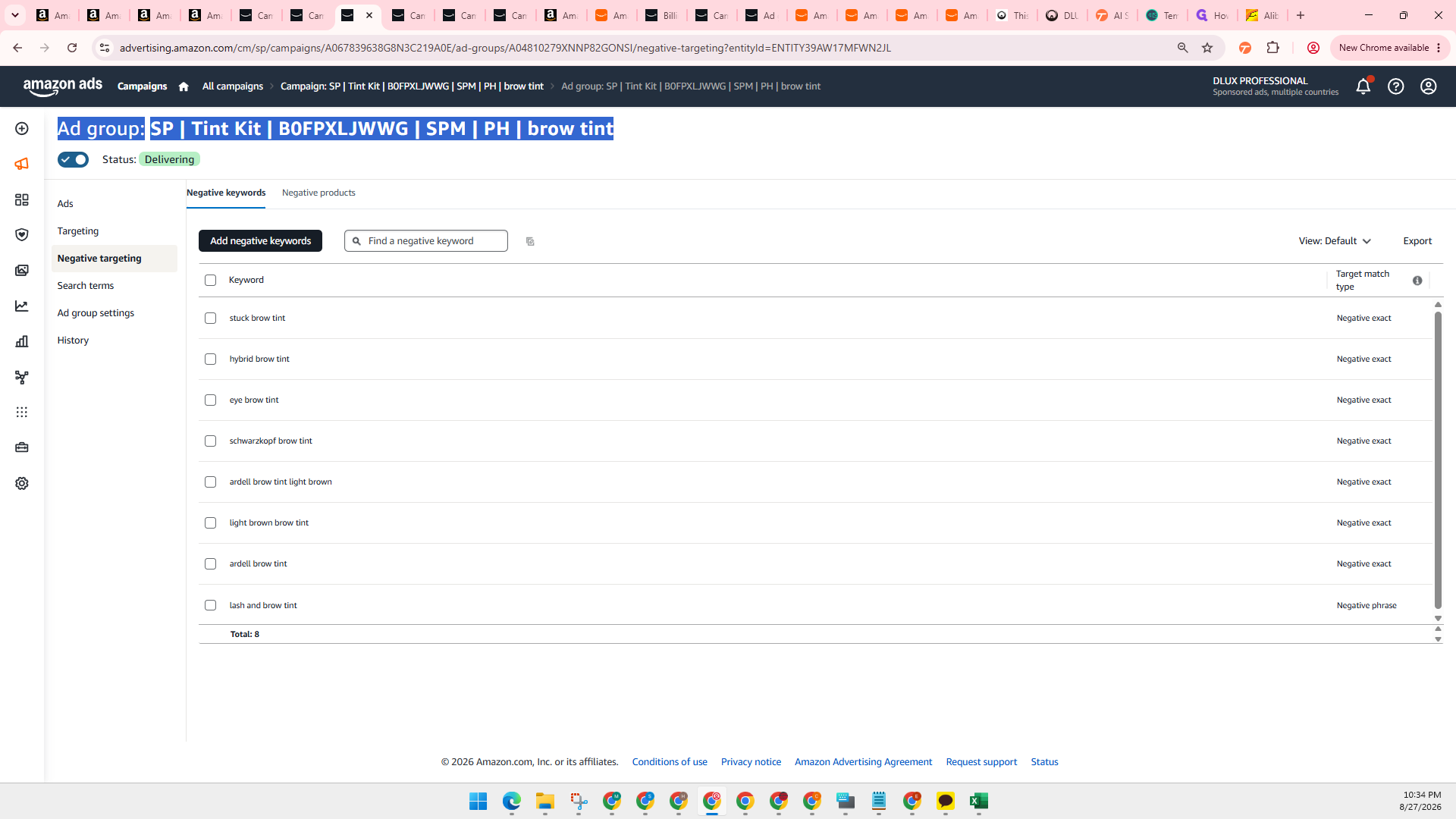 Step #29: Click Negative targeting in the left sidebar to verify active negative targets for the campaign.