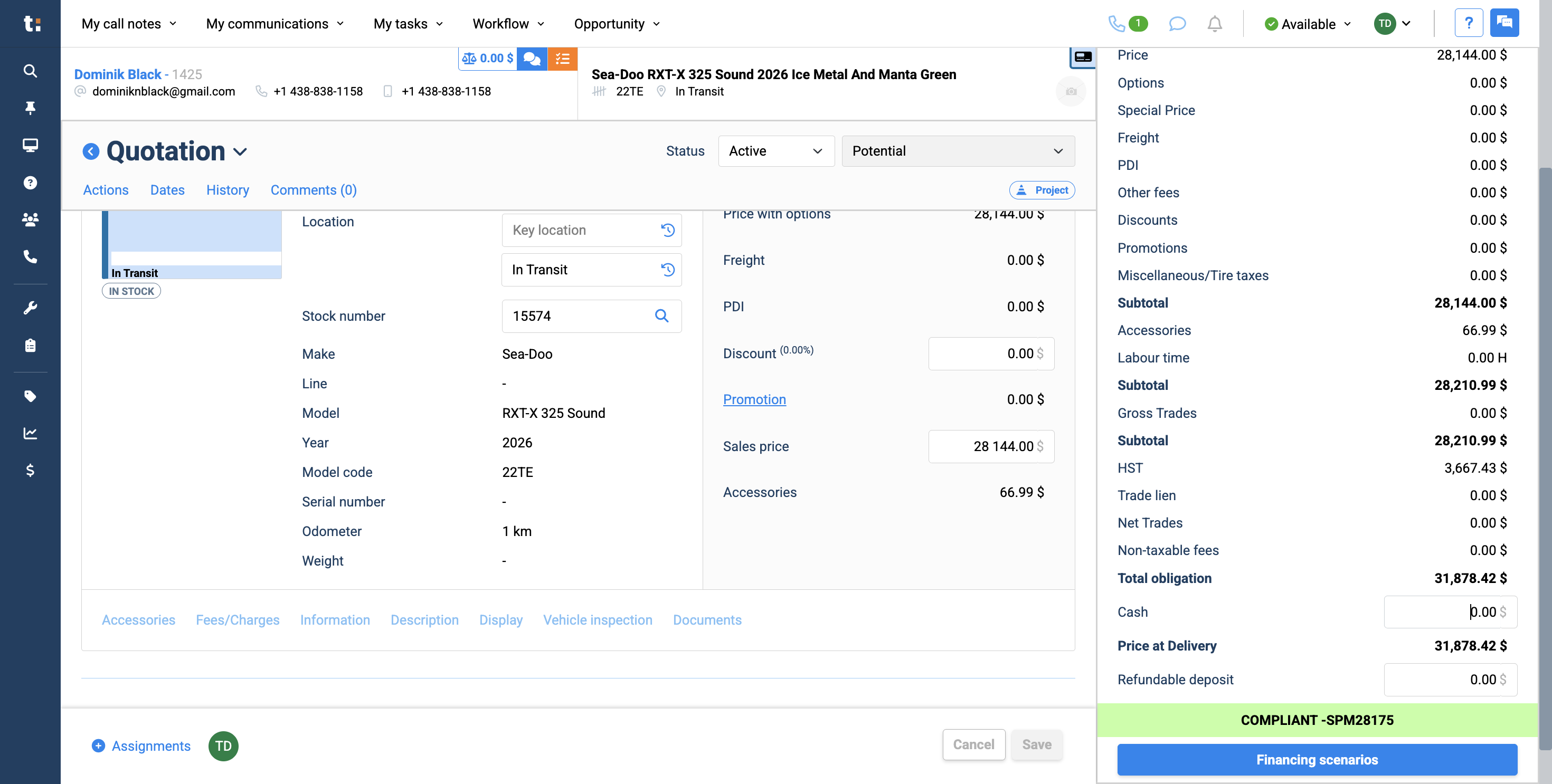 Step #18: Now, you have created your quote. If you want, you can enter a cash deposit here.