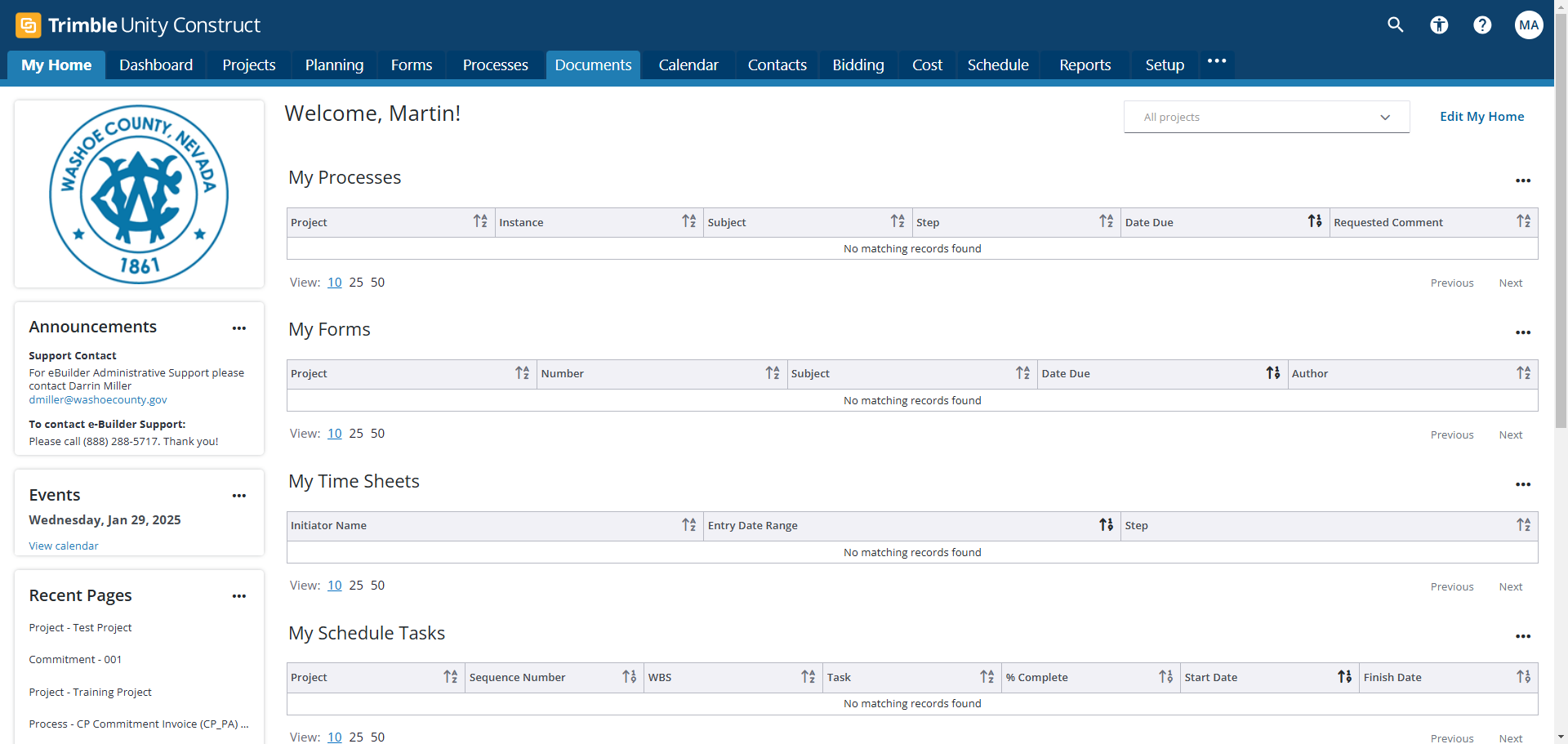 Step #2: Click on "Projects Planning Forms Processes Documents Calendar Contacts Bidding"