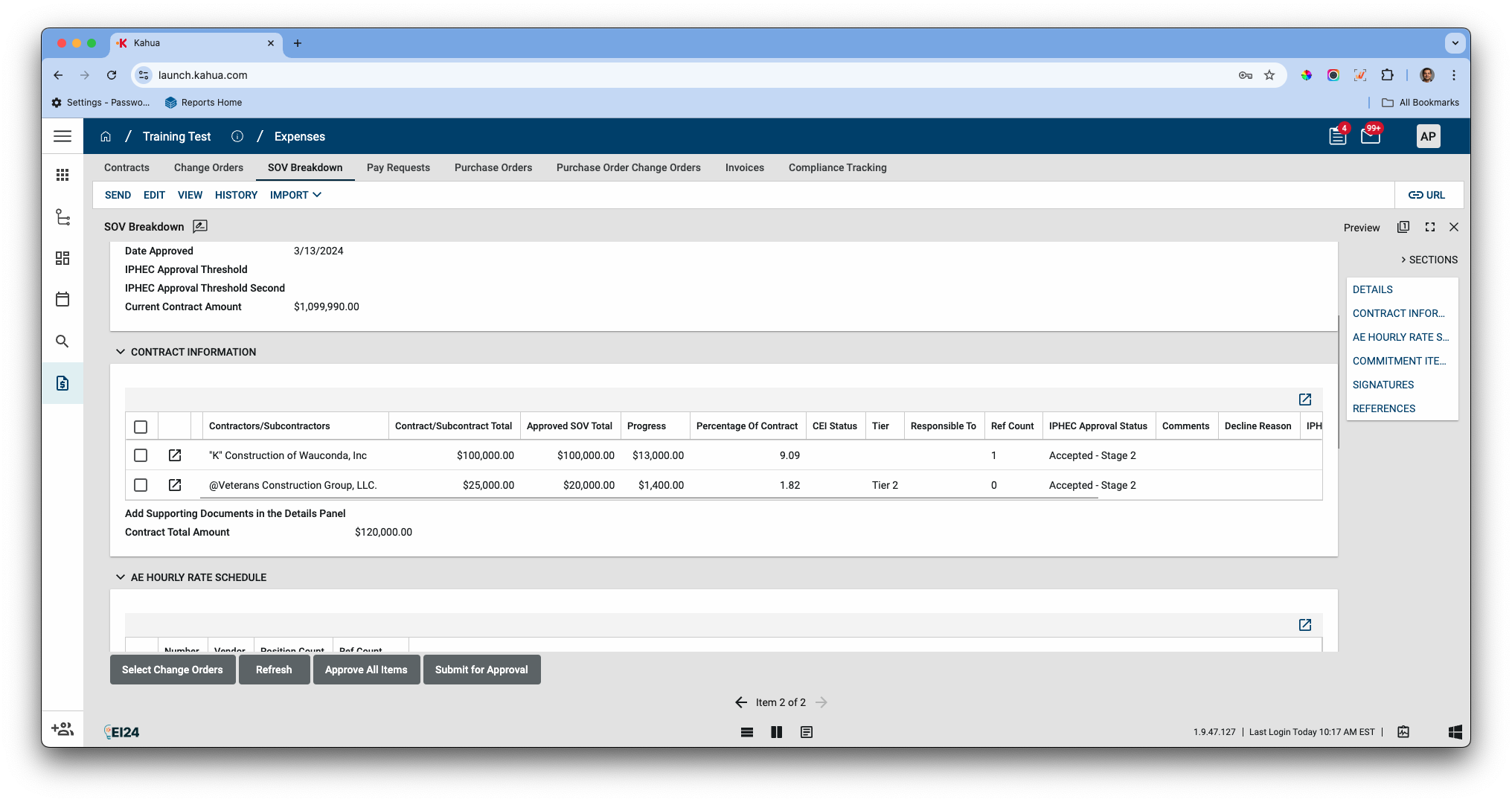 Step #66: This shows the Approved SOV total that is being fetched from the SOV breakdown from the internal grid and it's Percentage for Contract for each Vendor. As I have a Pay Request setup it also shows up the Progress that is based off the Pay Request which can be either Set to Billed/Set to Paid