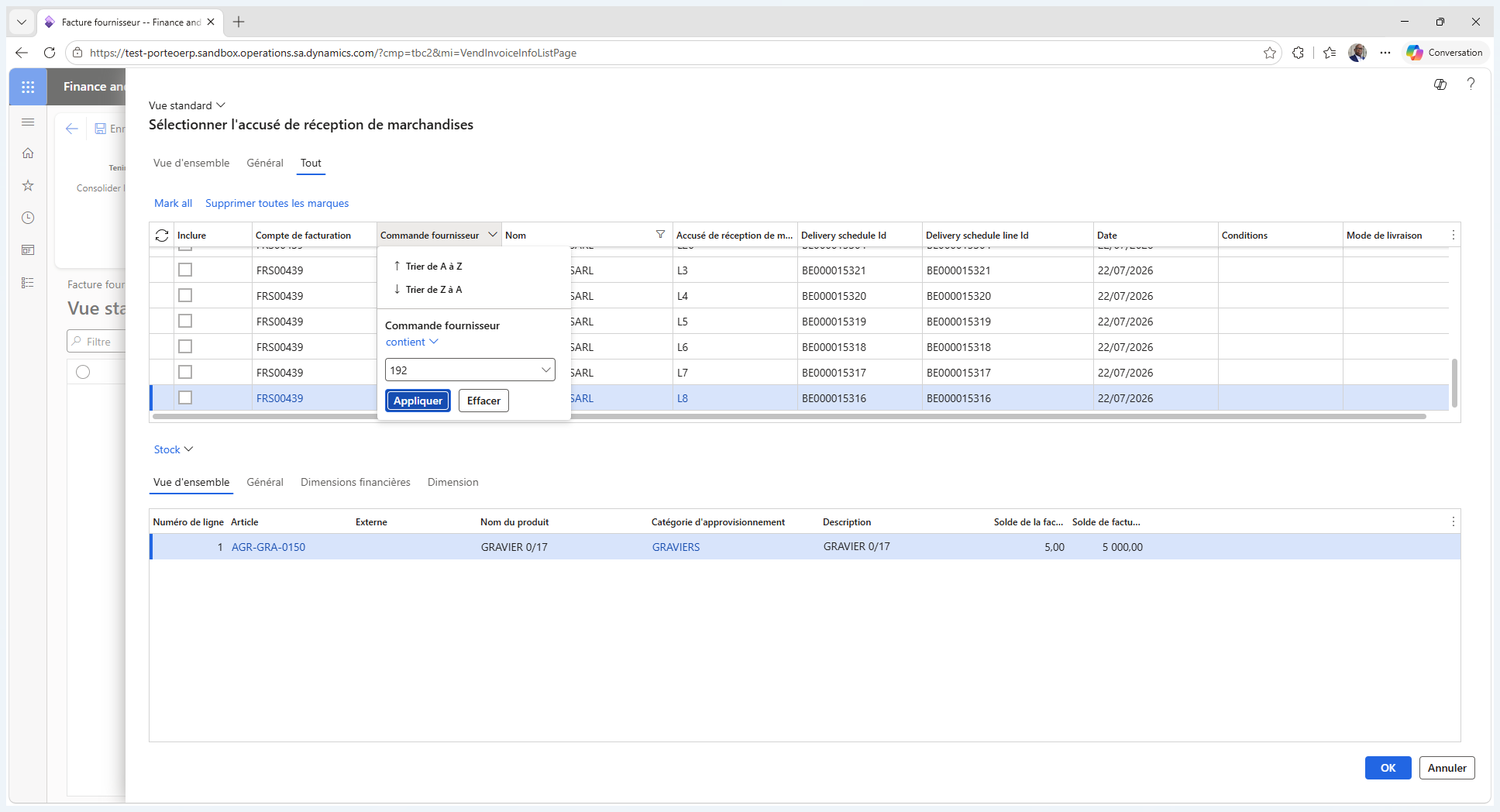 Step #6: Saisissez la valeur de la commande (ex : 192) puis appliquez le filtre pour retrouver rapidement la transaction.