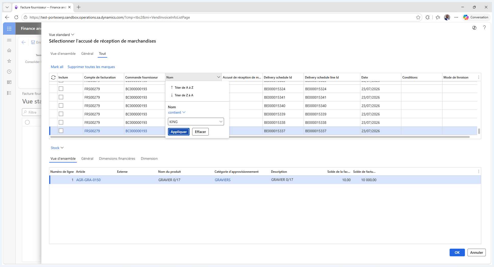 Step #3: Cliquez sur le numéro de compte du fournisseur concerné (ex : FRS00279) pour afficher ses commandes en cours.