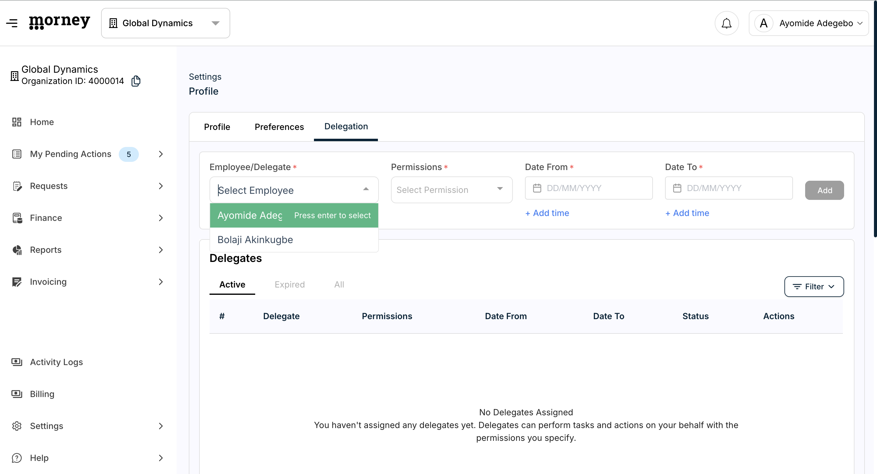 Step #3: Click the Employee/Delegate dropdown and select the colleague who will act on your behalf.
