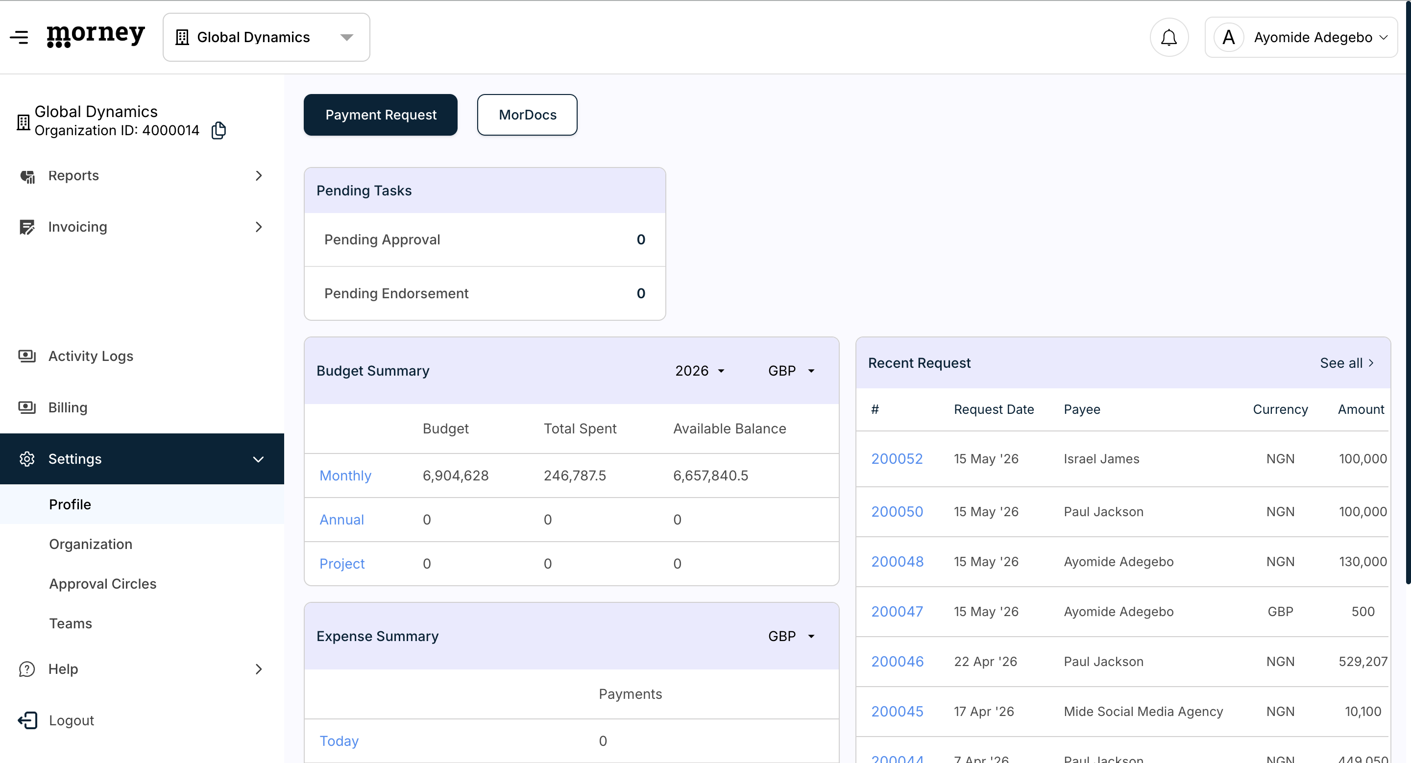 Step #1: From your main dashboard, open the Settings menu and select Profile.