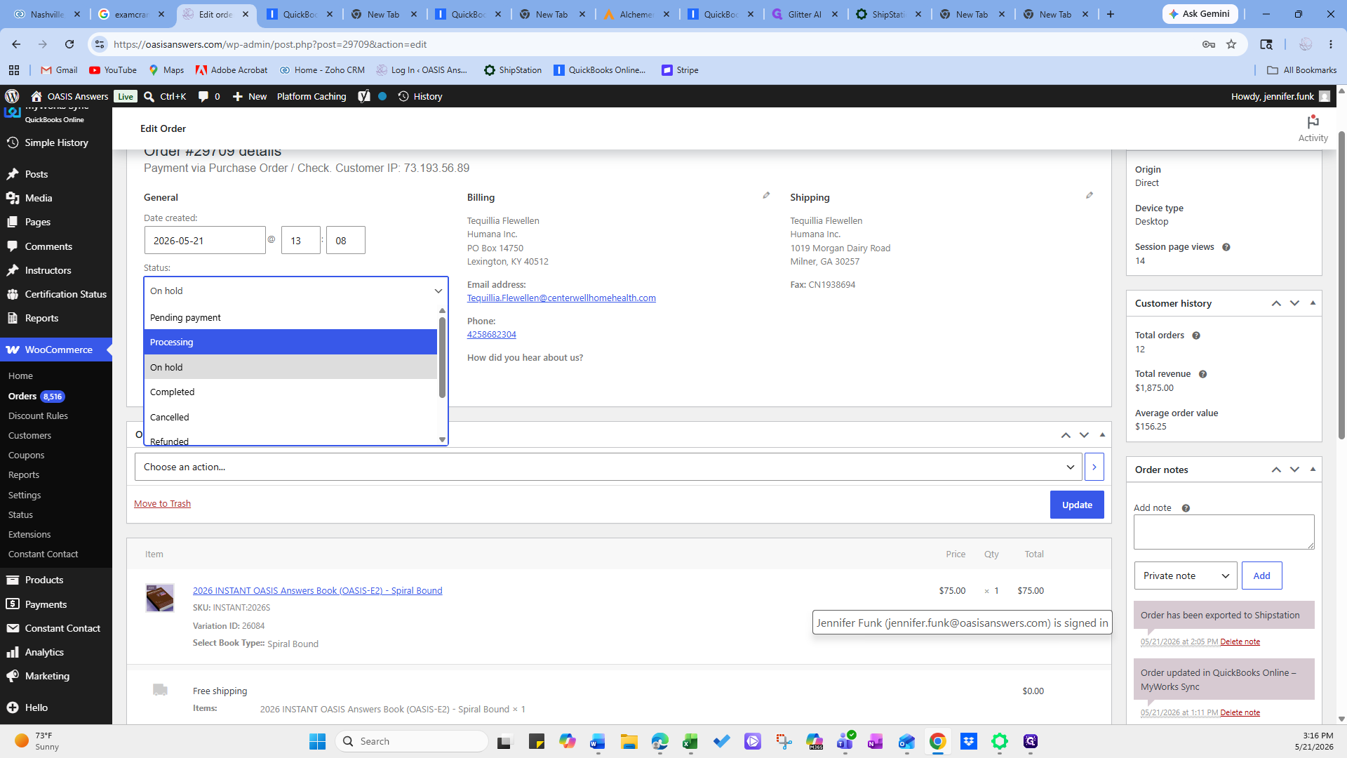 Step #2: In the order details screen, open the Status dropdown menu and select Processing.
