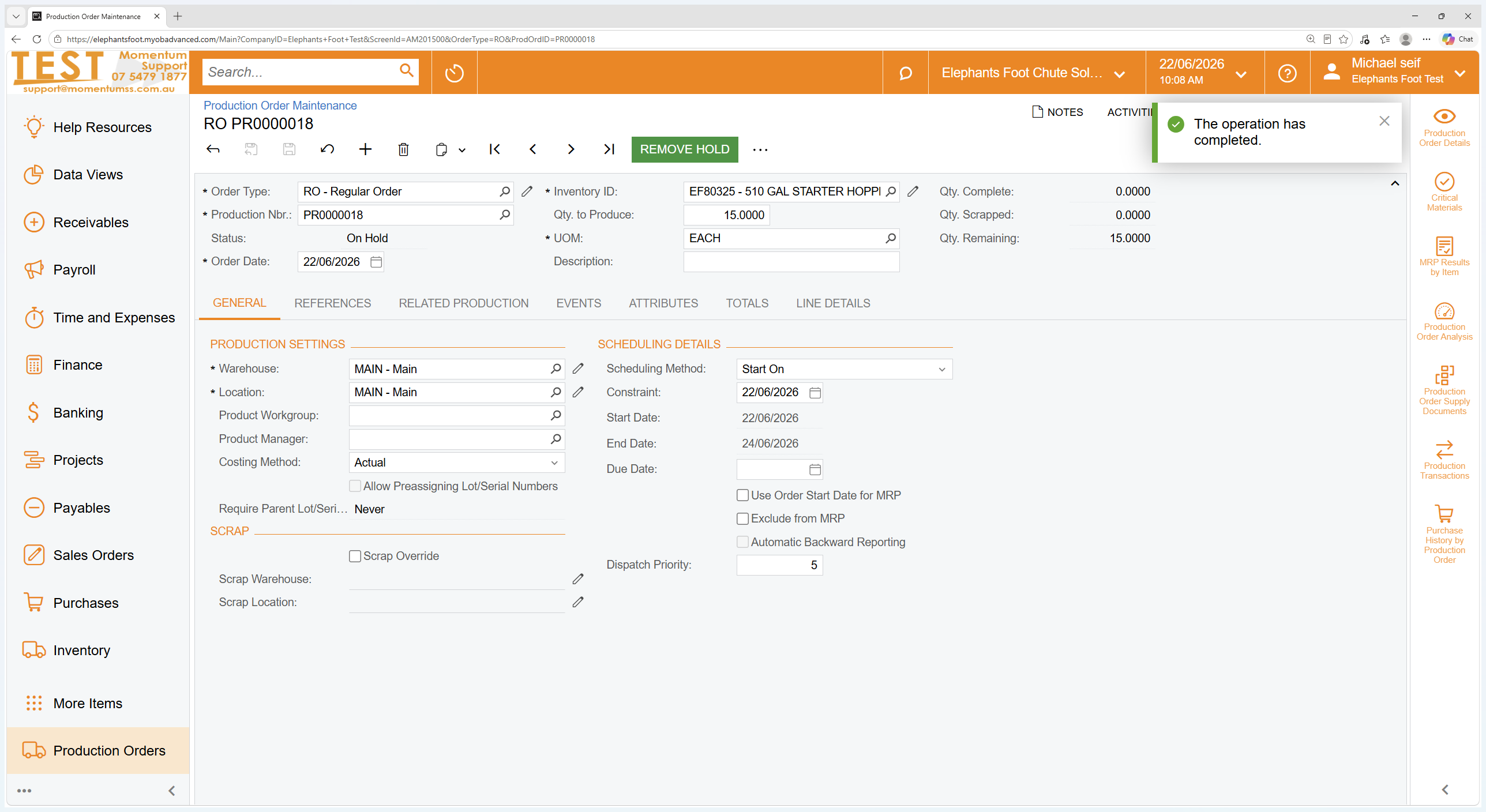 Step #6: Click REMOVE HOLD in the top action toolbar to change the order's status to active.