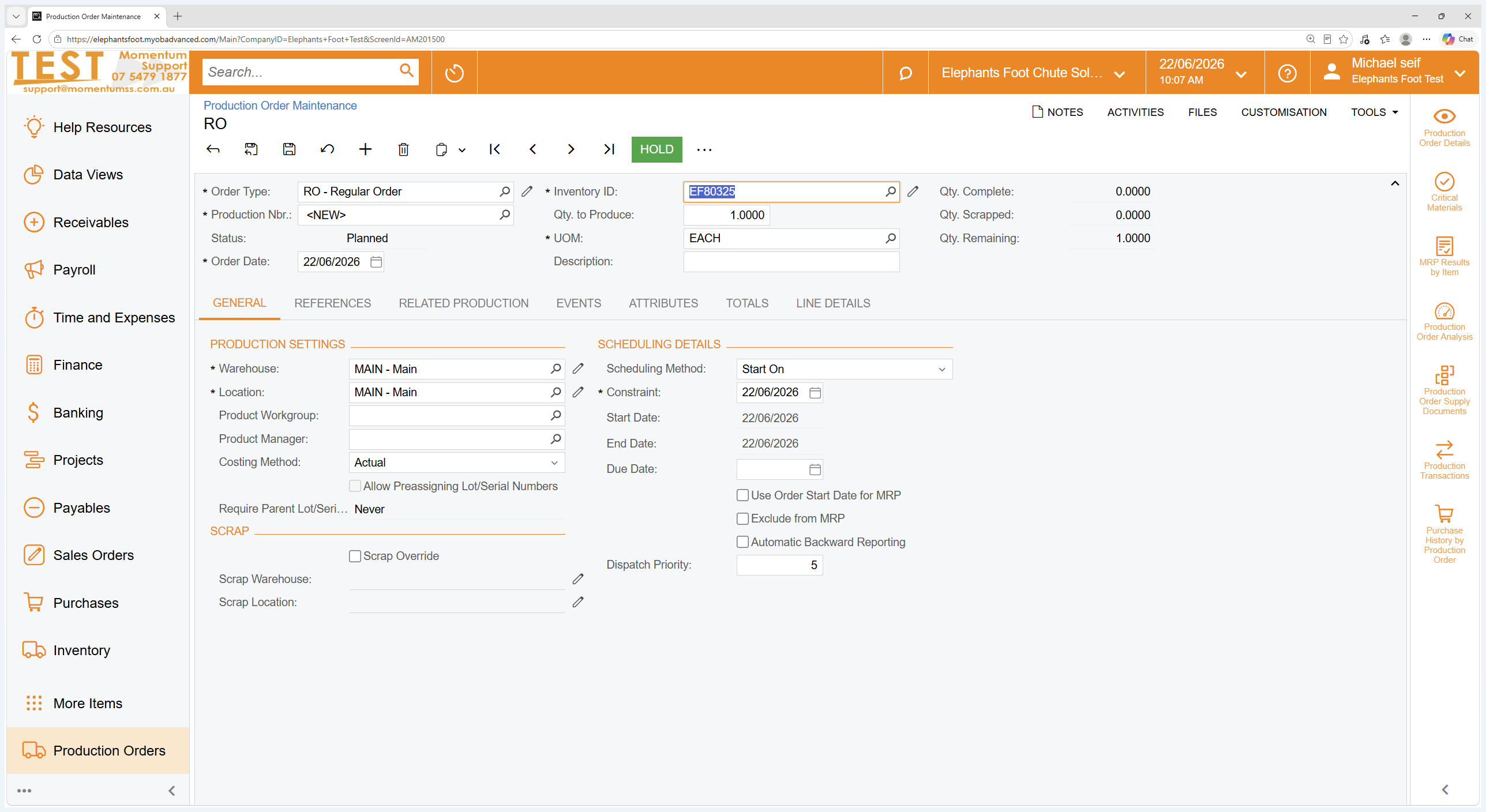 Step #5: Enter your desired production quantity in the quantity field.