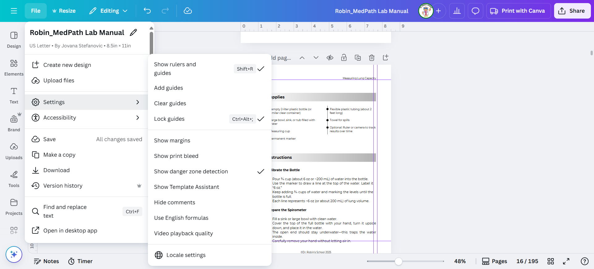 Step #9: Click on settings and then click on "Lock guides."