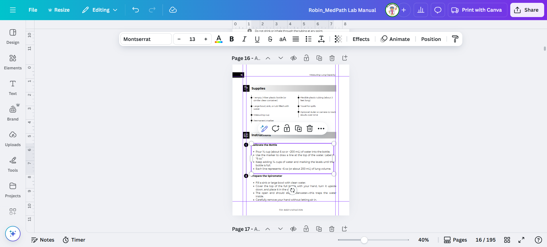 Step #20: Click on a text box so the handles show up and then drag the right handle to line up with the correct guideline.