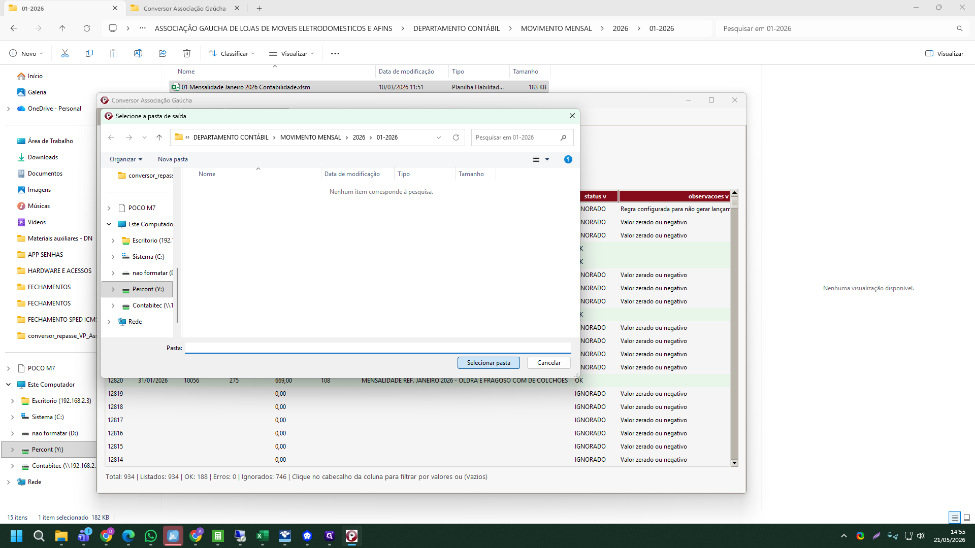 Step #26: Navegue até a pasta de relatórios do respectivo mês (ex: 01-2026) e clique em Selecionar pasta. O aplicativo despejará um arquivo chamado lanctos.txt neste diretório.