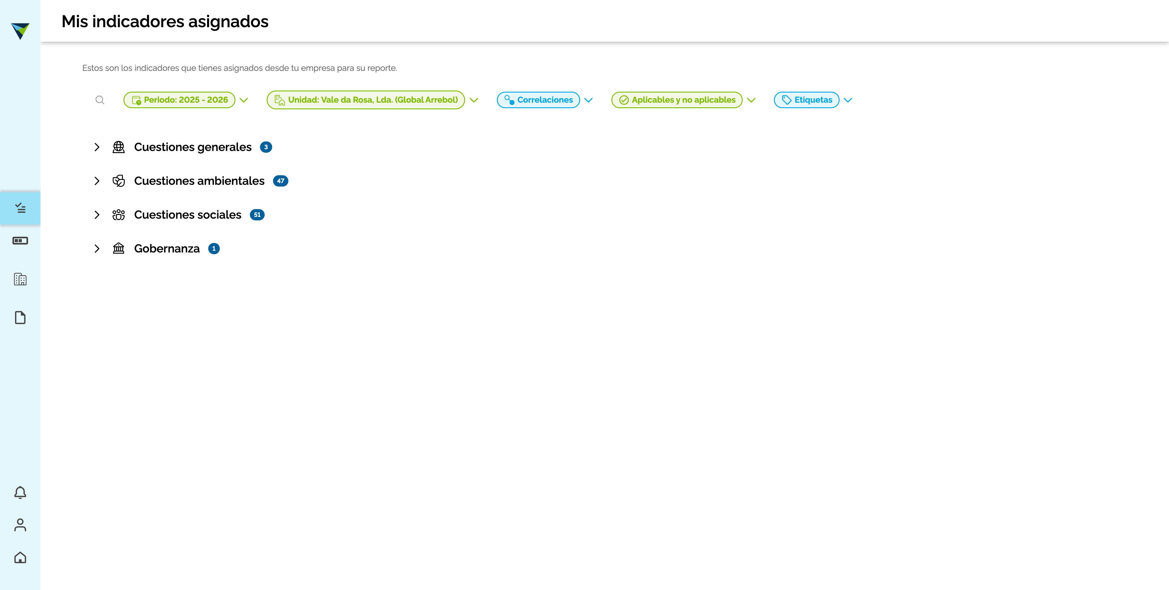 Step #7: Navega por las categorías ESG en el panel lateral, como Gobernanza, para desplegar los indicadores asignados.