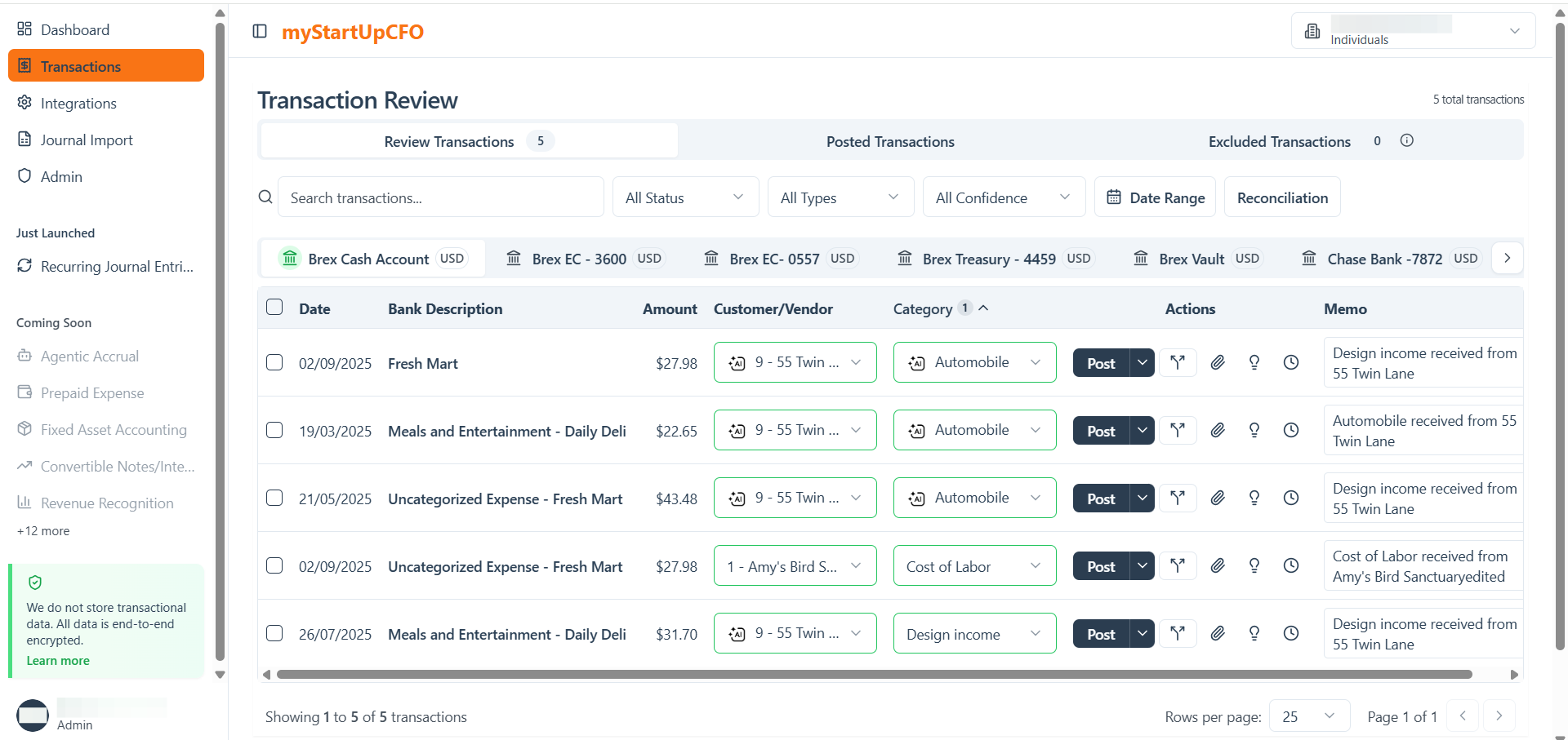 Step #1: In the Review Transactions section of the Transactions tab, bank accounts displayed in green are connected to QuickBooks.