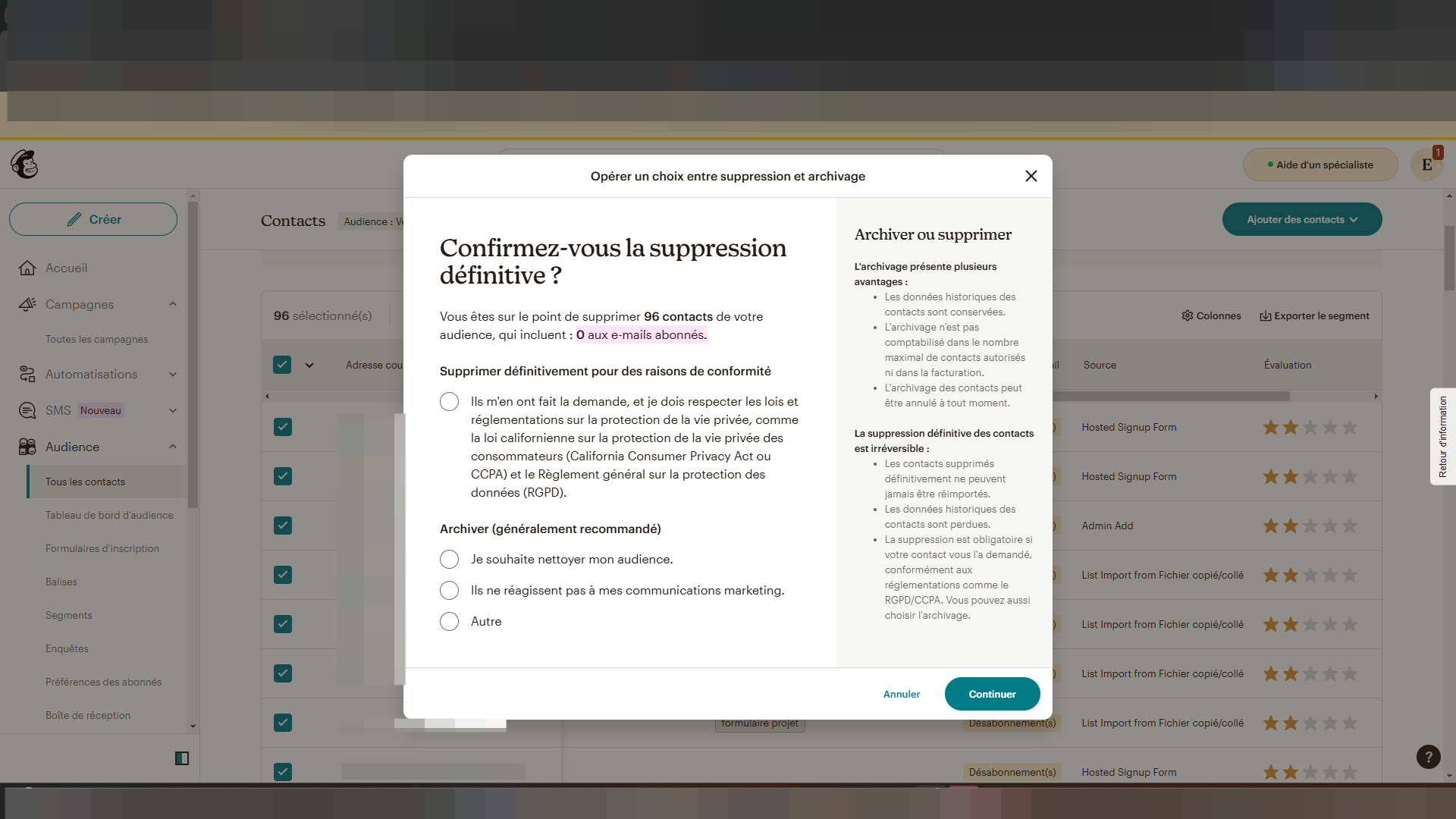 Step #12: Cliquez sur "Je souhaite nettoyer mon audience"