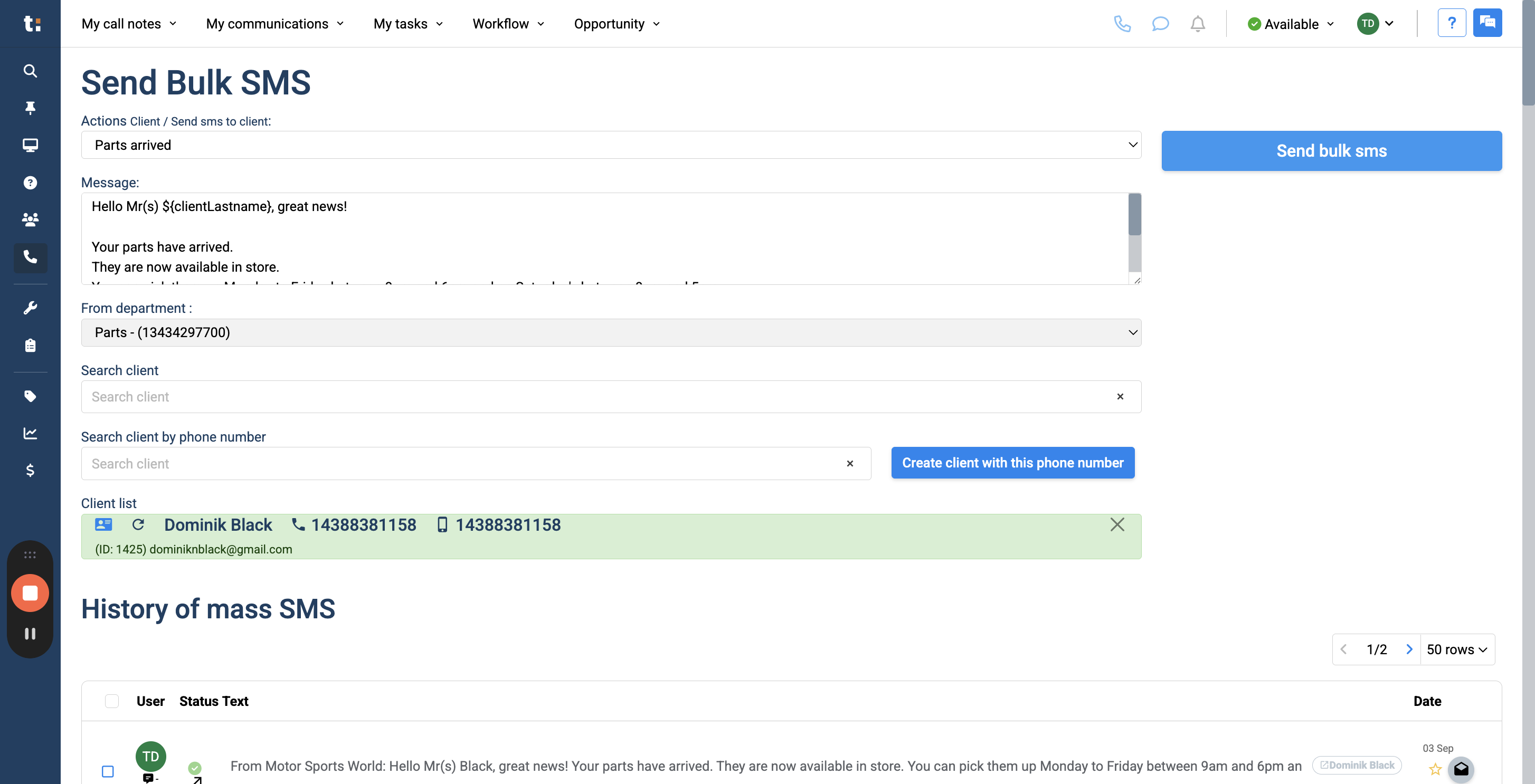 Step #8: When you're ready to send your bulk SMS to the selected clients, click the large blue "Send Bulk SMS" button.