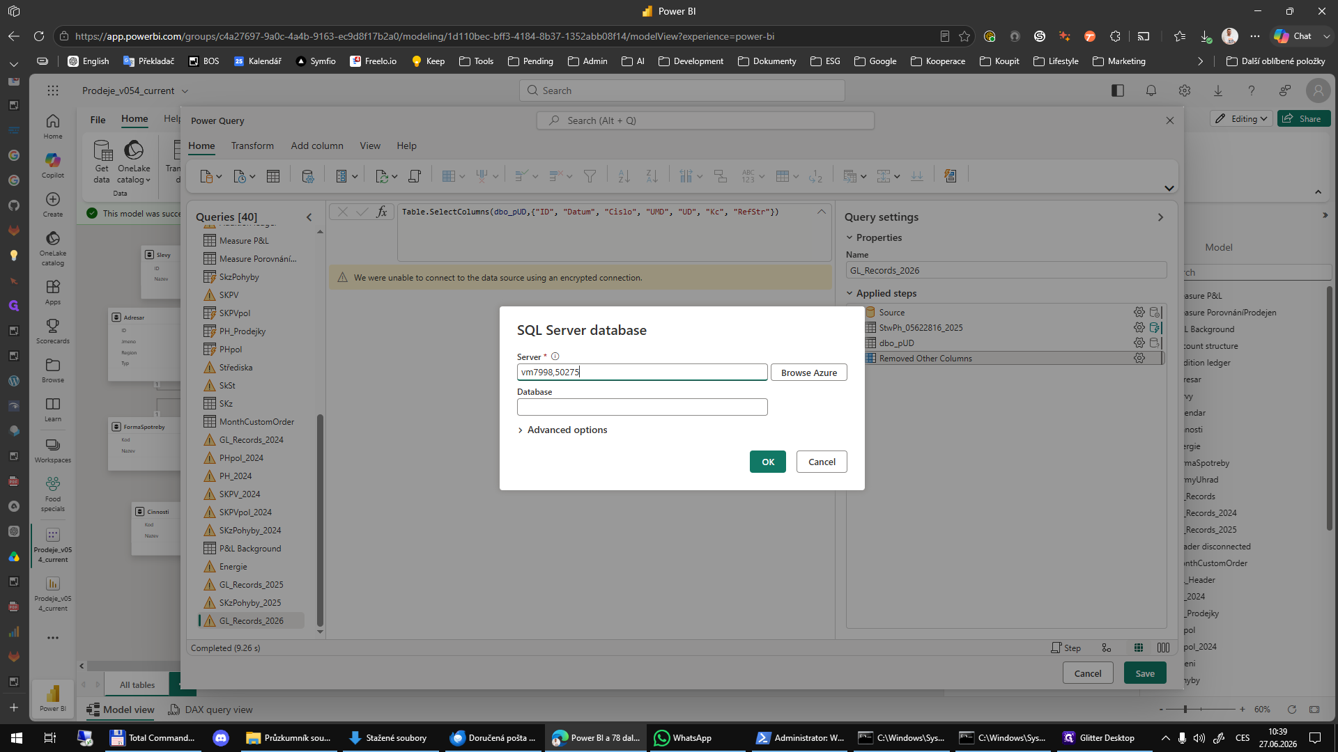 Step #12: V zobrazeném okně nastavení databáze SQL Server rozbalte nabídku Advanced options pro ověření nebo úpravu dalších parametrů serveru.