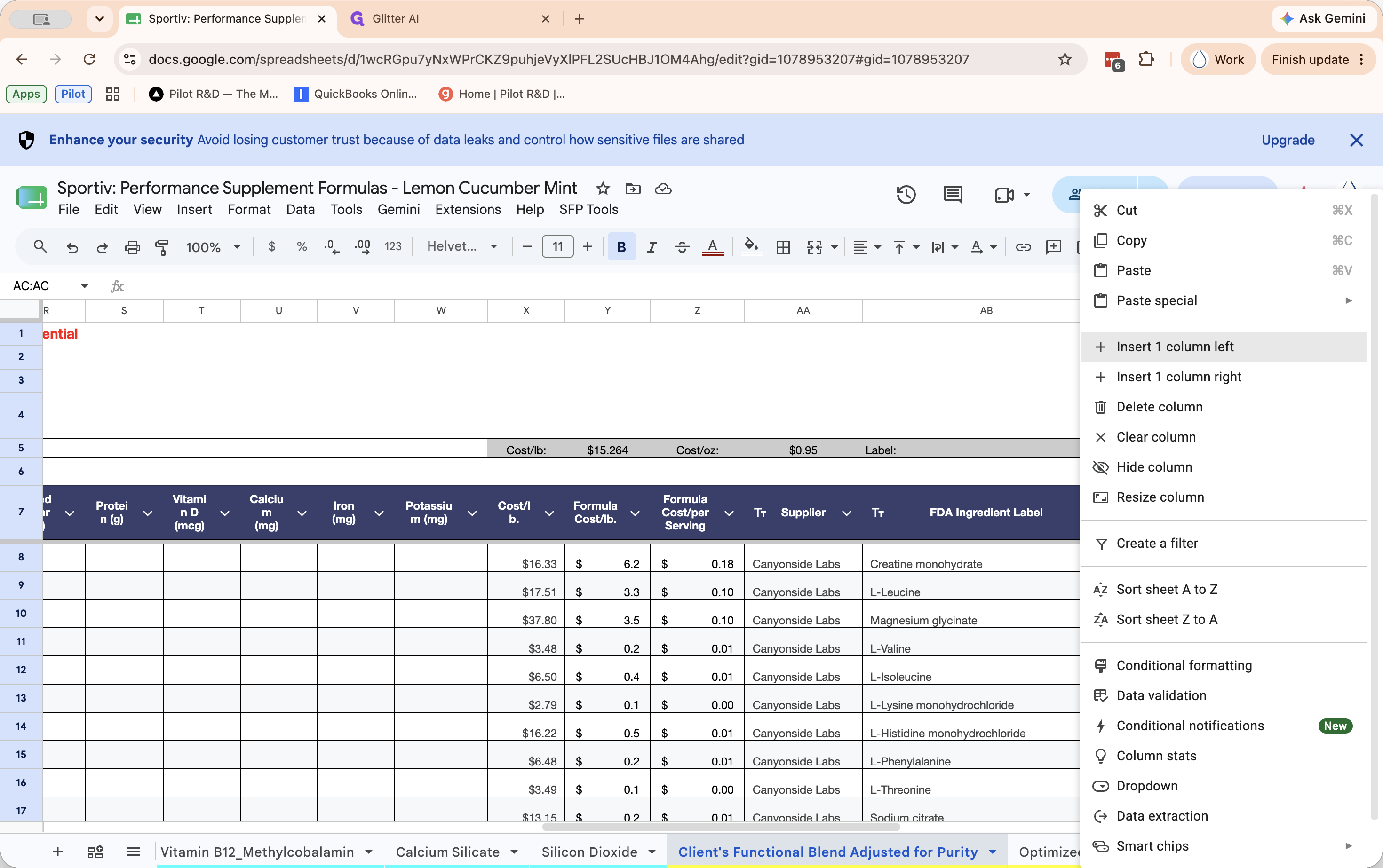 Step #9: Insert a column to the left of the Caffeine column, paste the data, and zero out any errors below the total row.