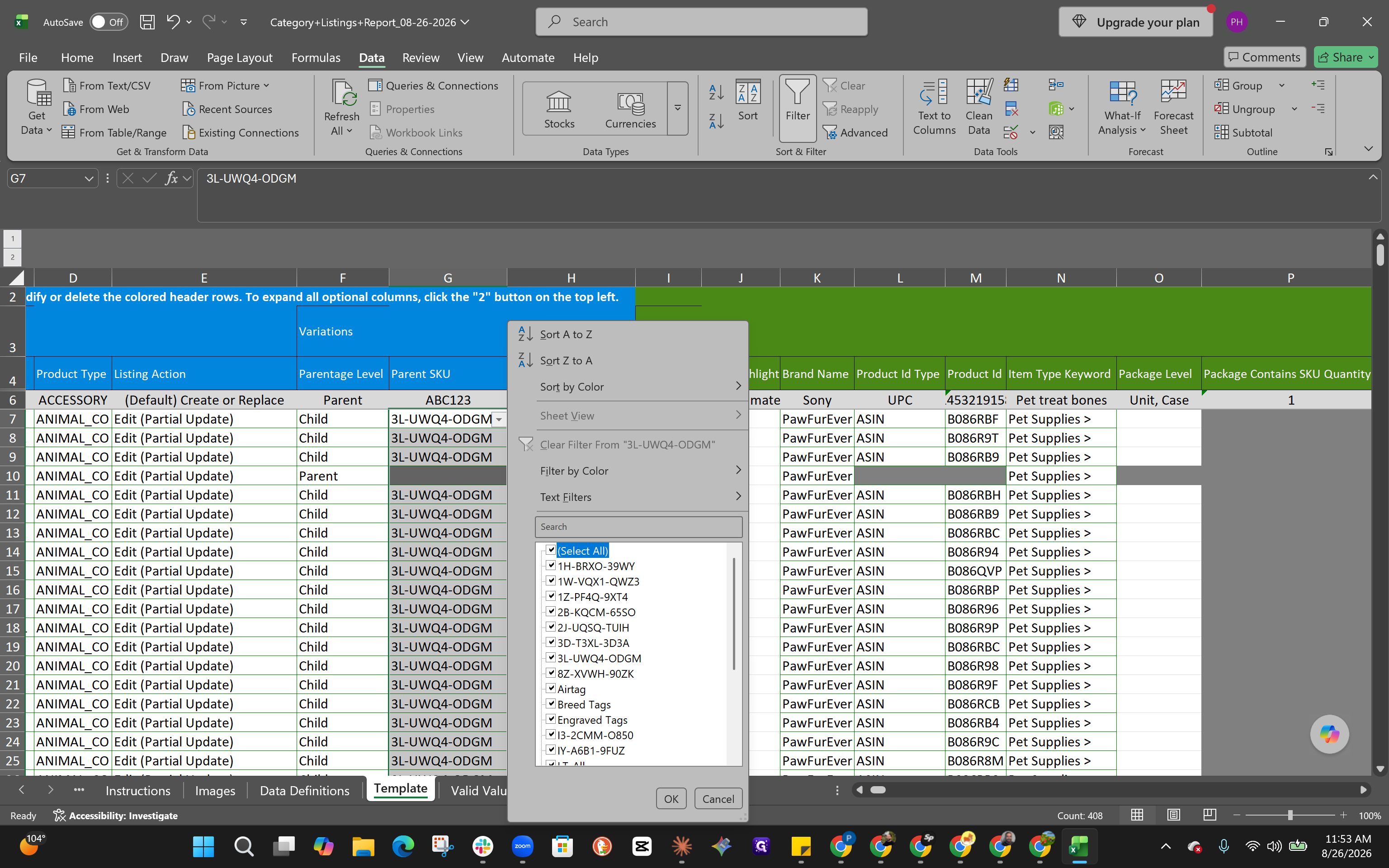 Step #8: Click the filter dropdown arrow in the Parent SKU column header.