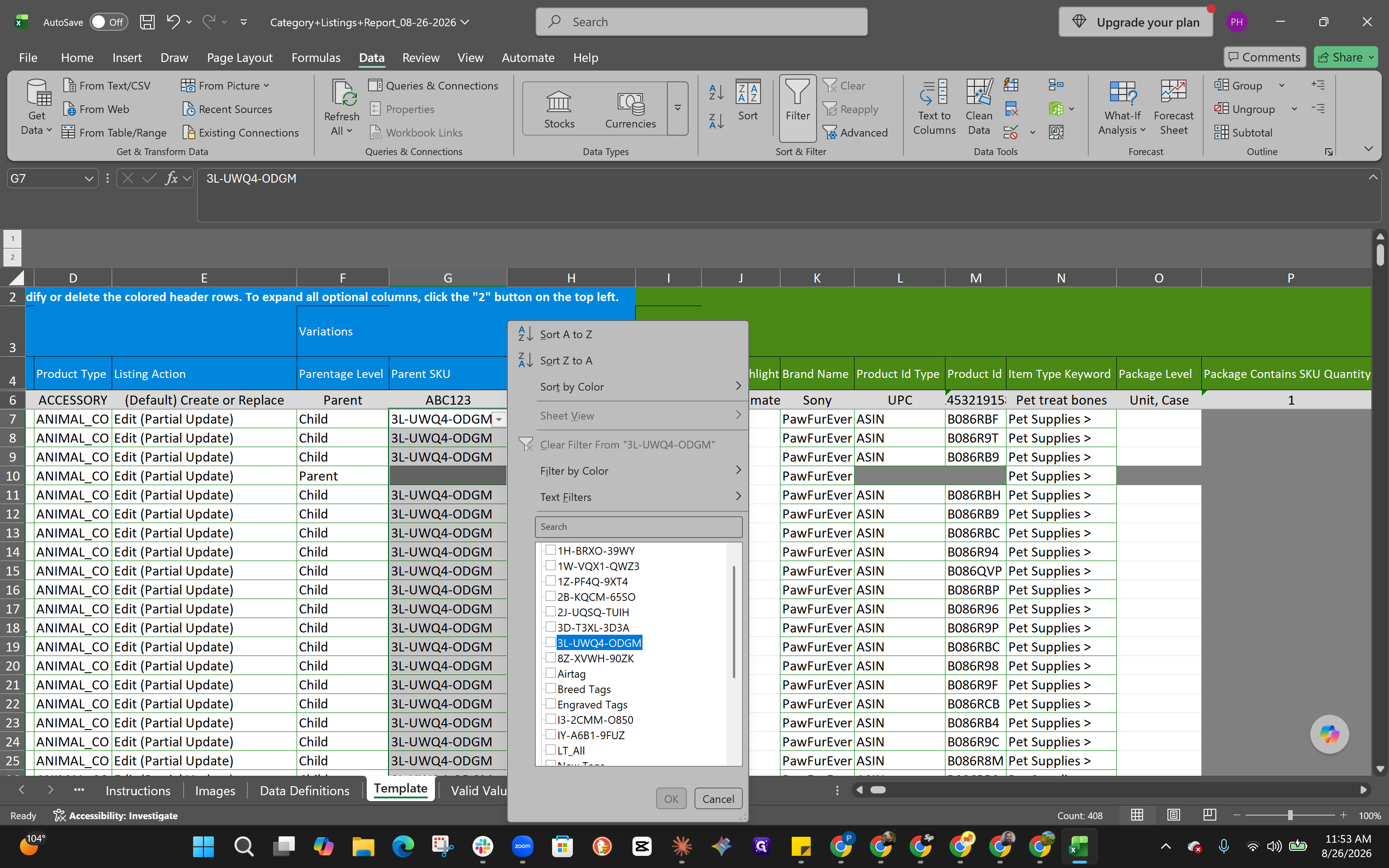 Step #9: Select the specific parent SKU (e.g., 3L-UWQ4-ODGM) to display only the child variations belonging to that family.