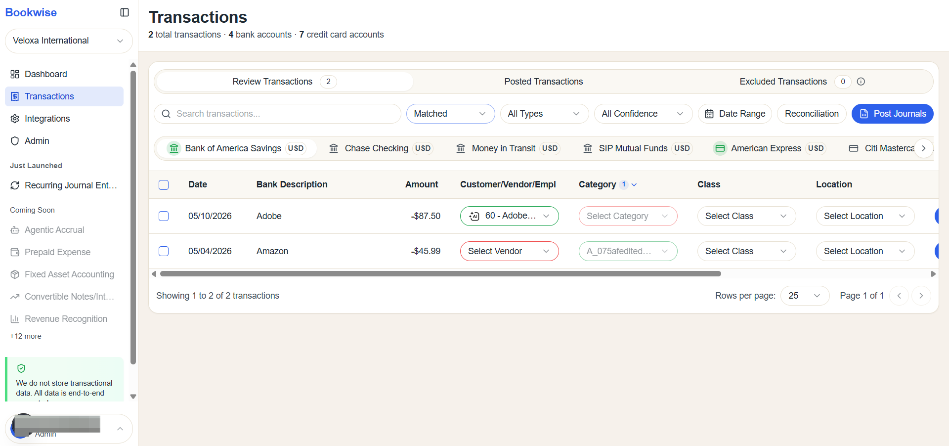 Step #5: Matched is selected, only transactions with the matched status will be shown.