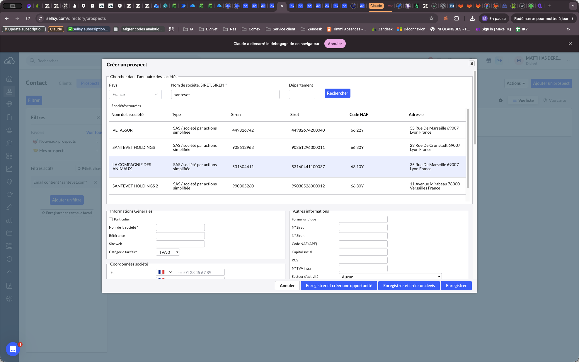 Step #6: Sélectionnez la bonne entreprise dans la liste proposée pour pré-remplir automatiquement un maximum d'informations (adresse légale, etc.).