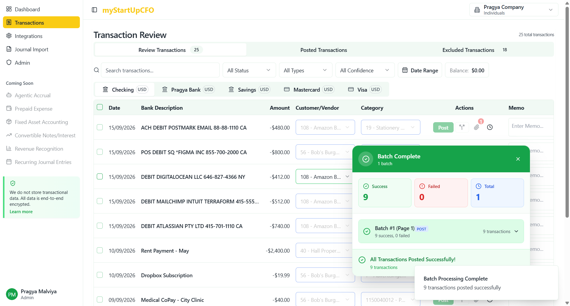 Step #7: Once the batch processing completes, the system displays a summary of all successfully posted transactions. You can review the results to confirm which transactions were processed and verify their posted status.