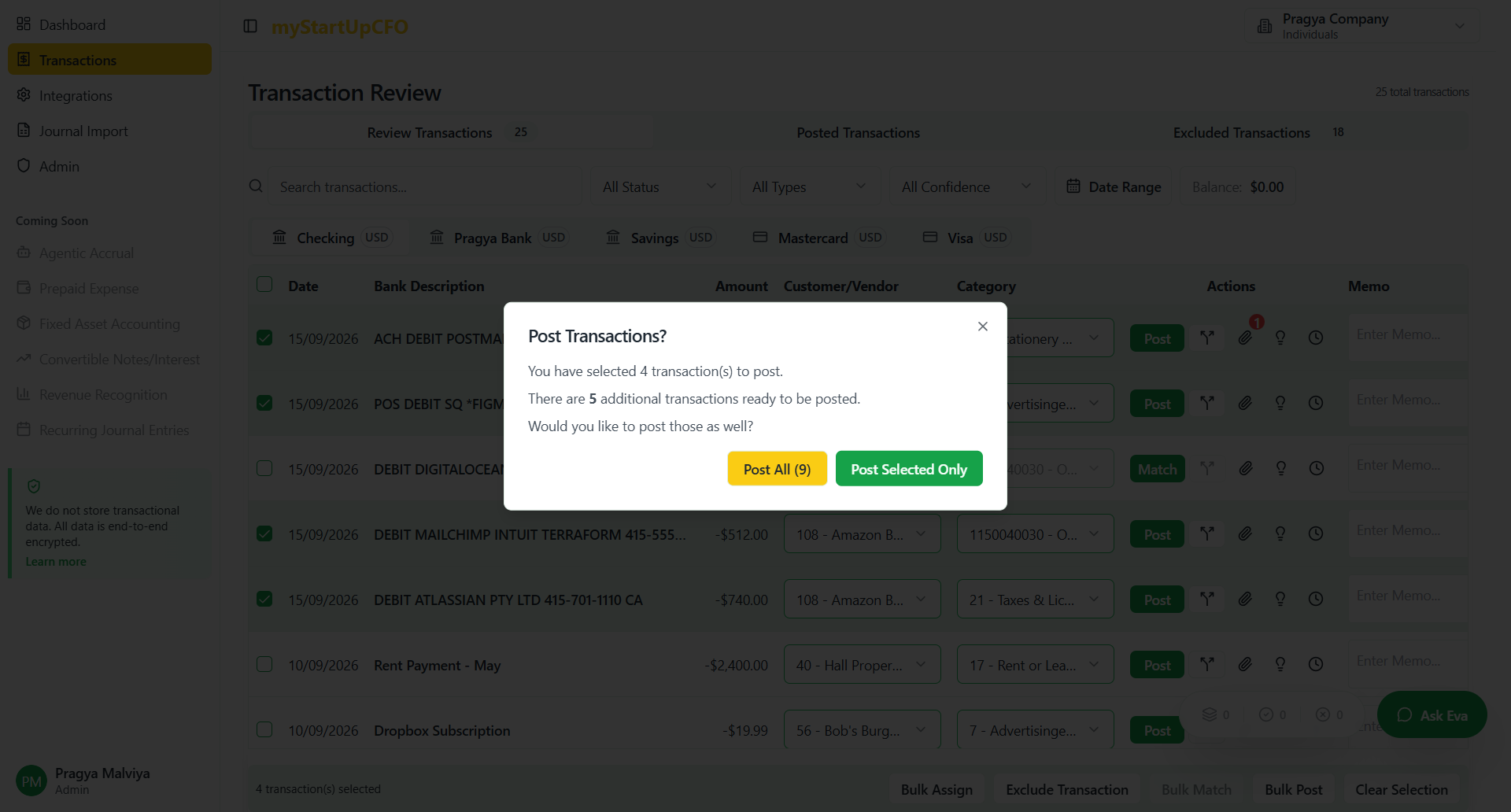 Step #4: After selecting your desired transactions, the system displays a selection summary at the top of the modal, such as "You have selected 4 transactions." Click on Post All or Post Selected Only