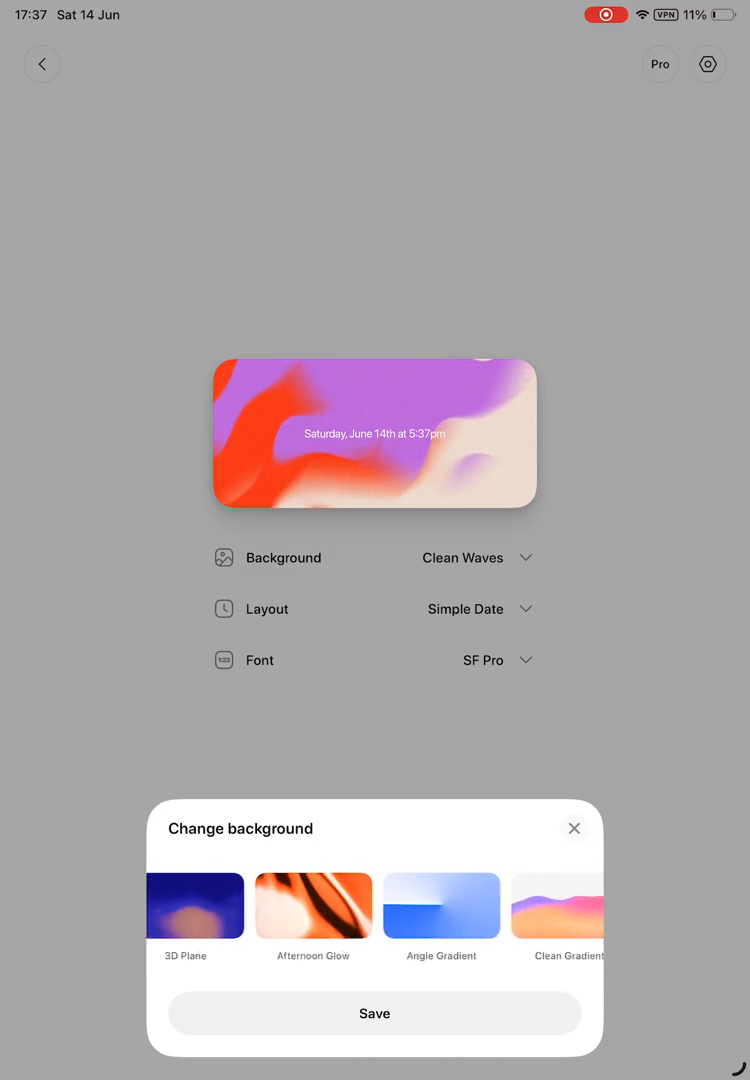 Step #14: From the horizontal list of themes in the 'Change background' pop-up, tap the 'Liquid Glass (Free)' background option.