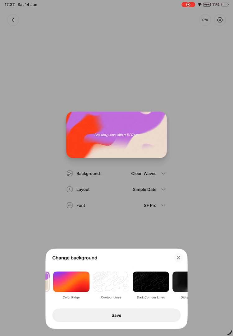 Step #9: From the horizontal list of themes in the 'Change background' pop-up, tap the 'Dark Contour Lines' background option.