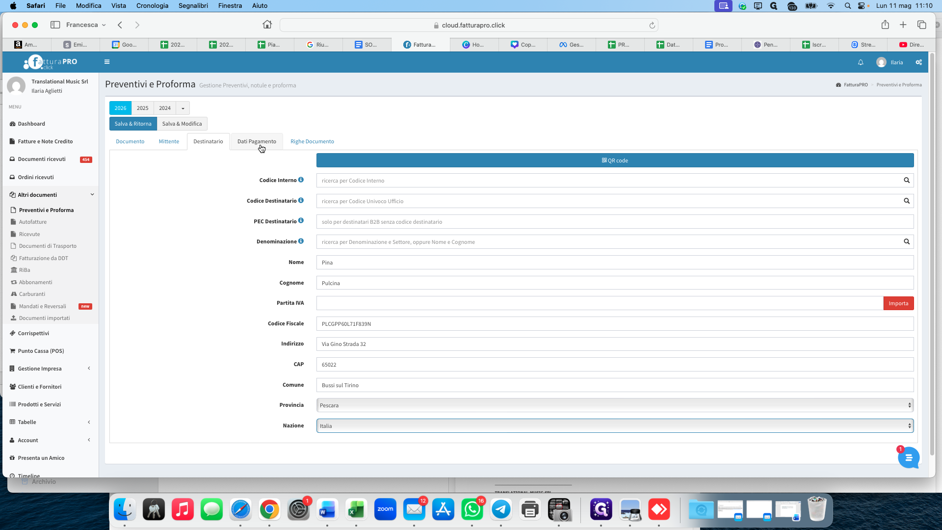 Step #7: Optionally, click on the Dati Pagamento tab to review or modify the payment instructions for this specific client.