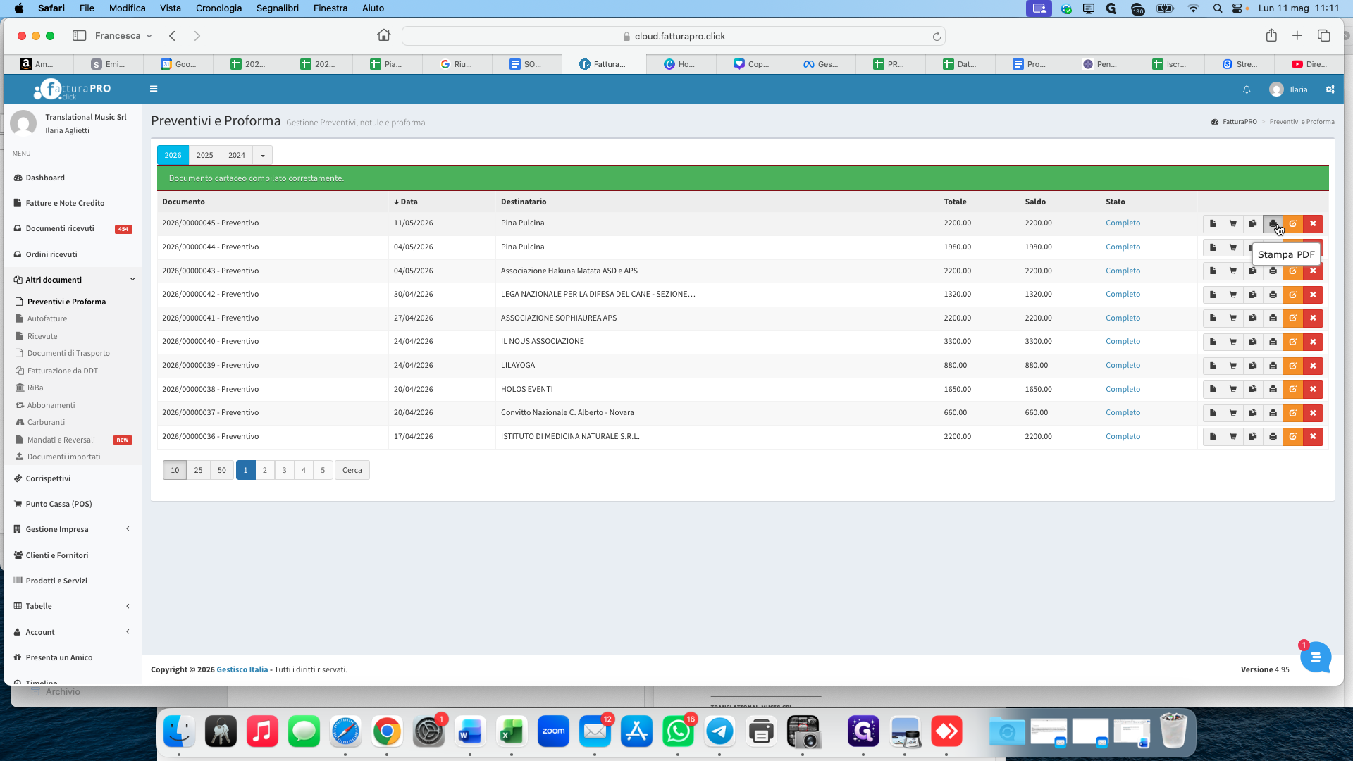 Step #13: From the document list, click the Stampa PDF (Print PDF) icon in the action column of your updated document.