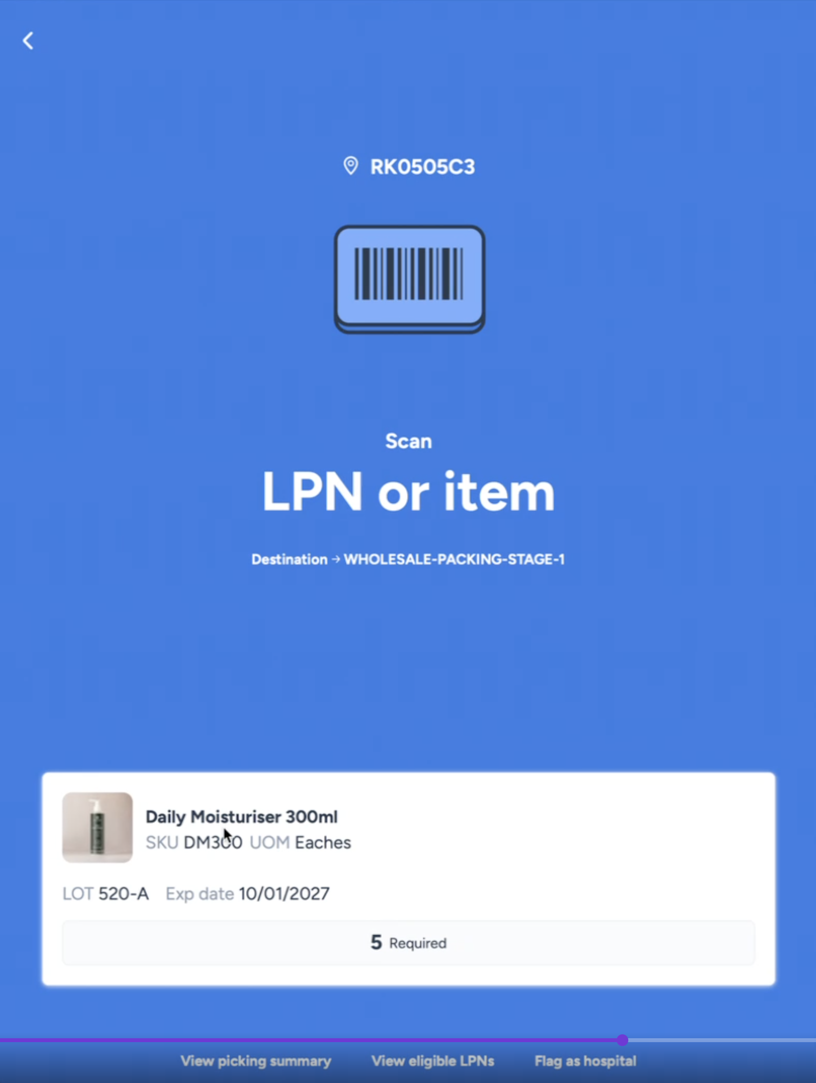 Step #7: Picking Screen after scanning the items Location Barcode