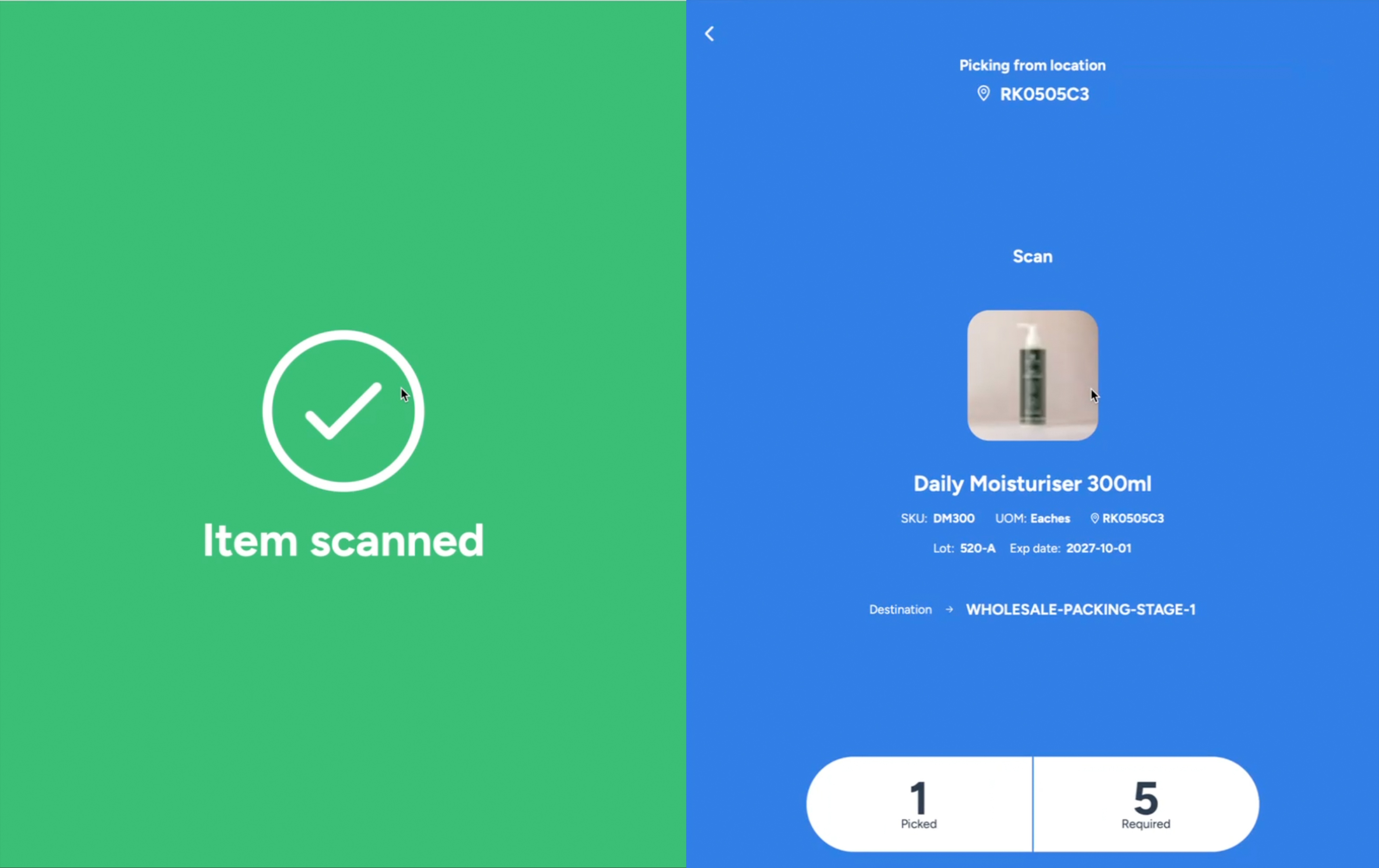 Step #8: The left image shows the green screen when the correct barcode has been scanned. The screen will then move the product scanning screen (blue screen) showing you the product and how many units have been scanned out of the total required.