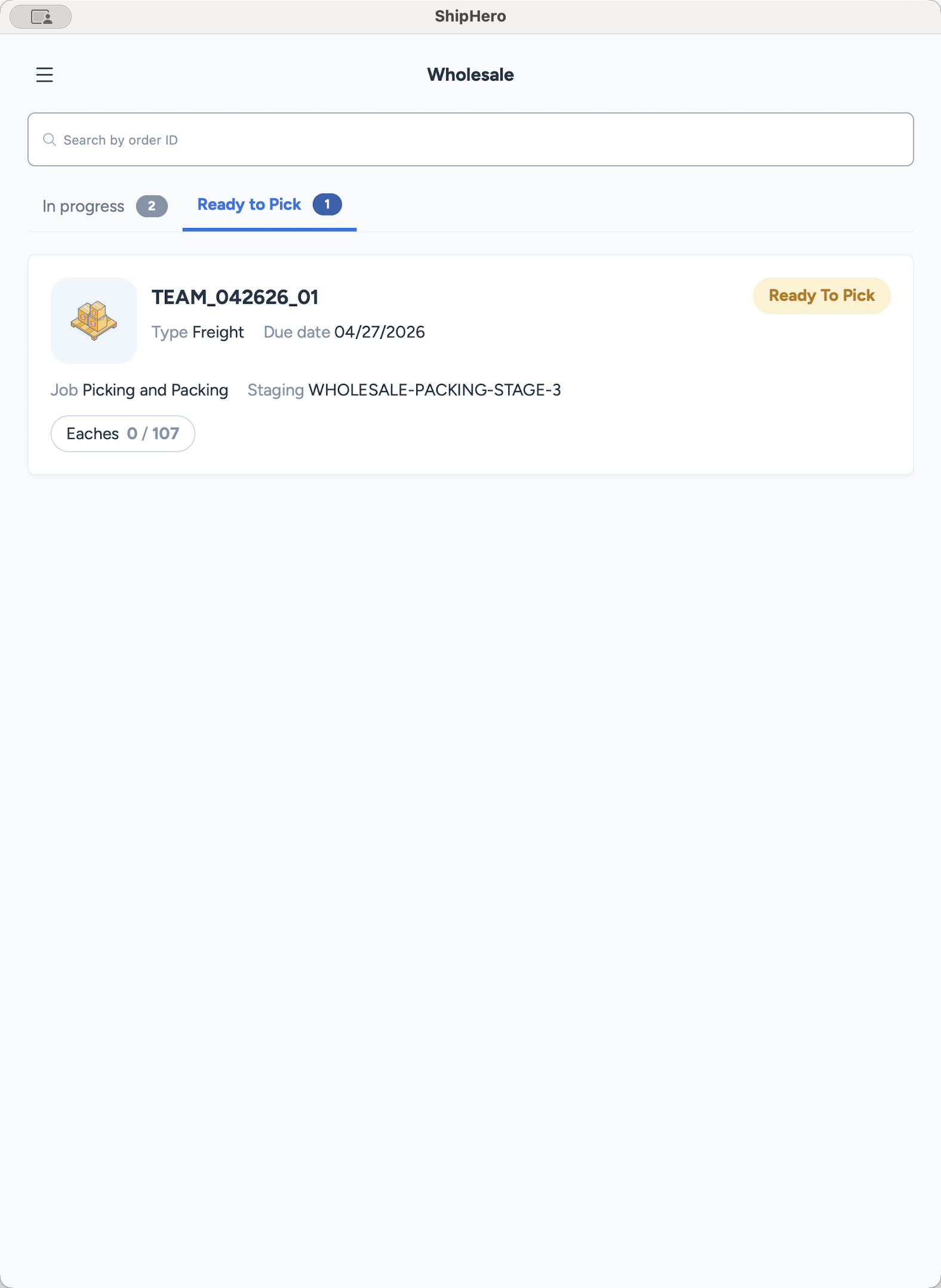 Step #11: To resume later, navigate back to the Wholesale screen and tap the In progress tab.