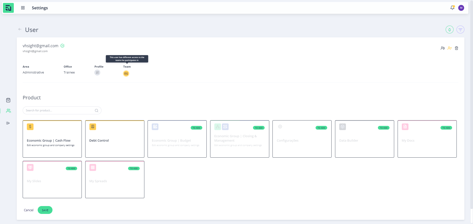 Step #8: Após salvar, este usuário apresentará uma tooltip ao passar pelo ícone da equipe que ele representa. A tooltip informará que o usuário tem acessos diferentes dos times que ele participa.