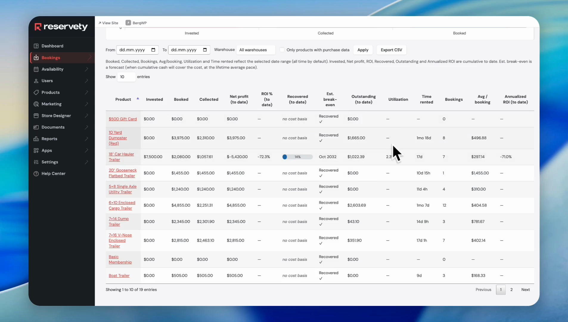 Step #8: Review the Utilization, Time Rented, and Bookings columns.