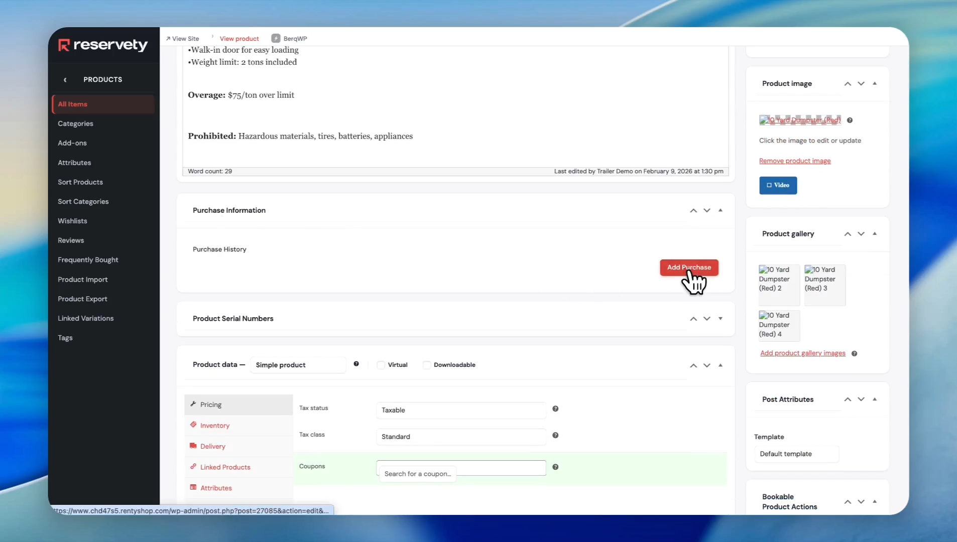 Step #13: Scroll down to the Purchase Information section and click Add Purchase.