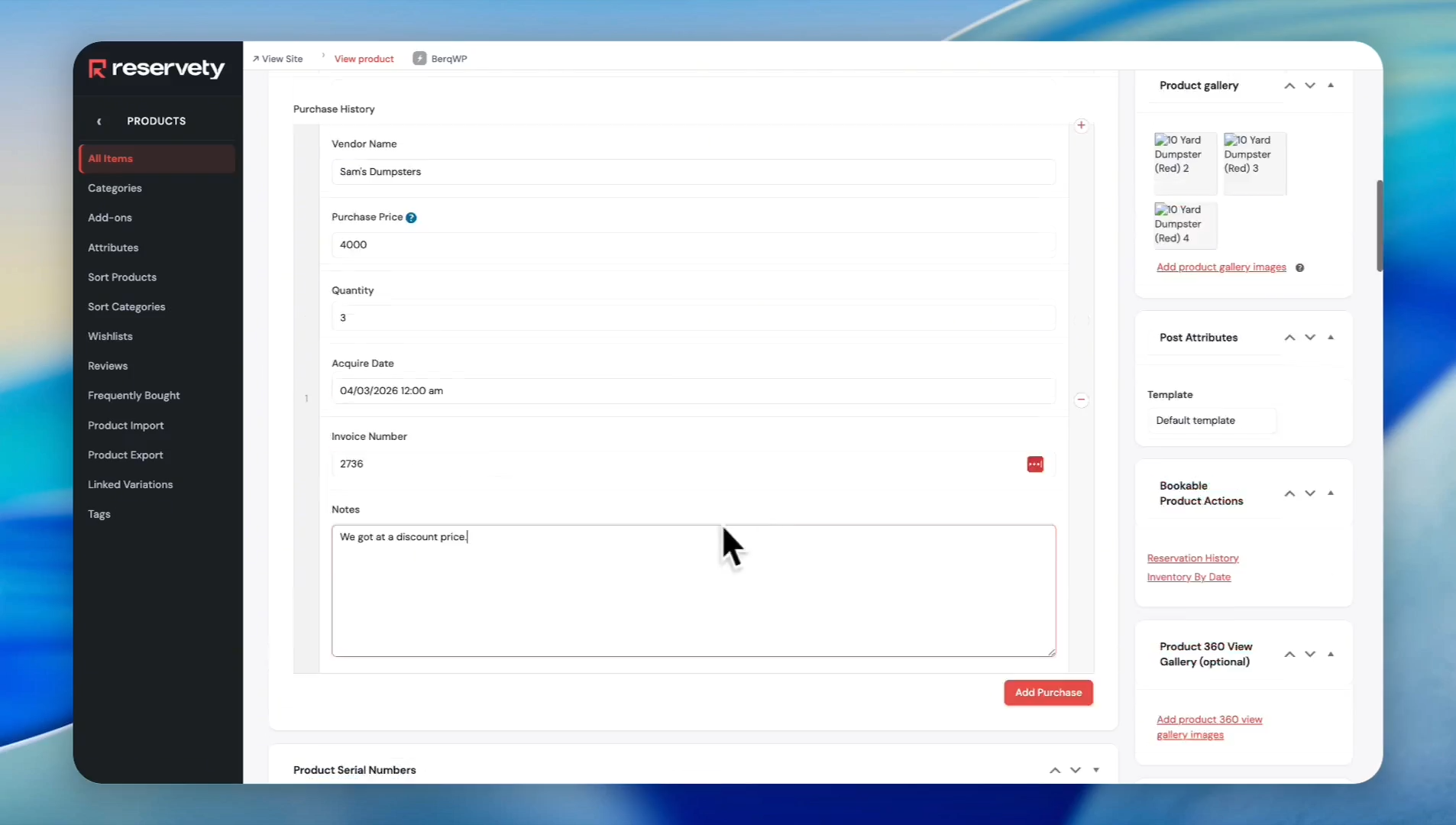Step #15: Enter the Invoice Number associated with the purchase and click the Update button to save changes.