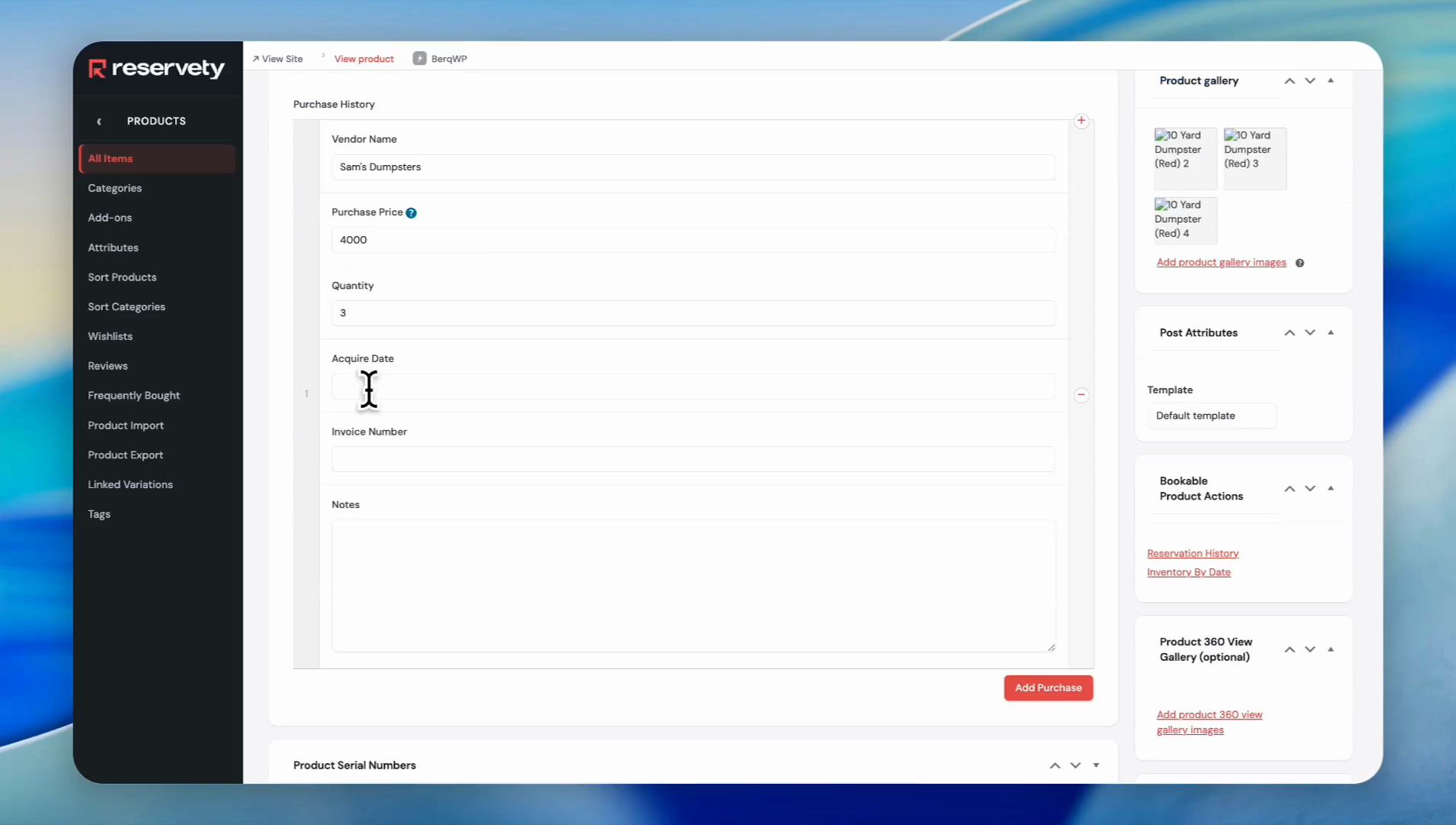 Step #14: Type the Vendor Name, Purchase Price, Quantity purchased and select the Acquire Date.