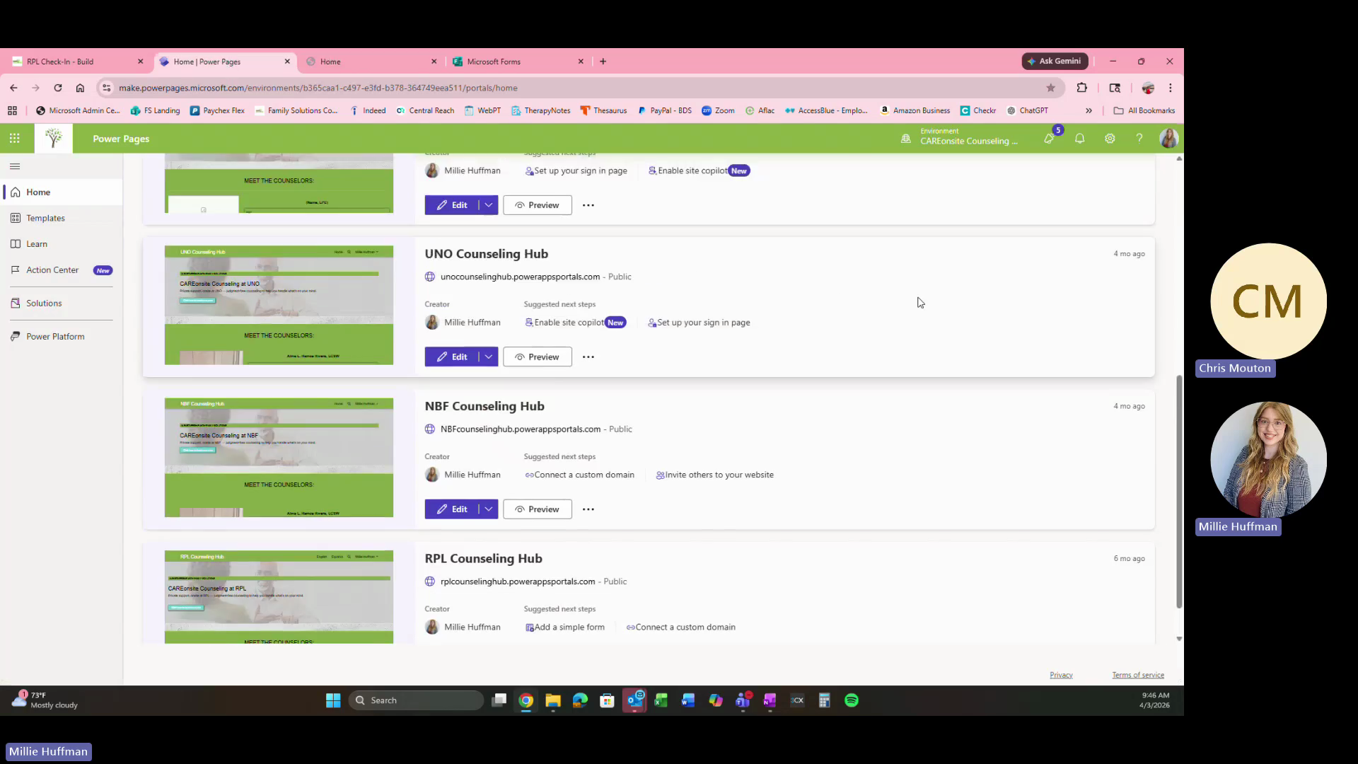 Step #2: Log into Microsoft Power Pages and click Edit on a recently built hub (e.g., UNO Counseling Hub) to use it as a reference.