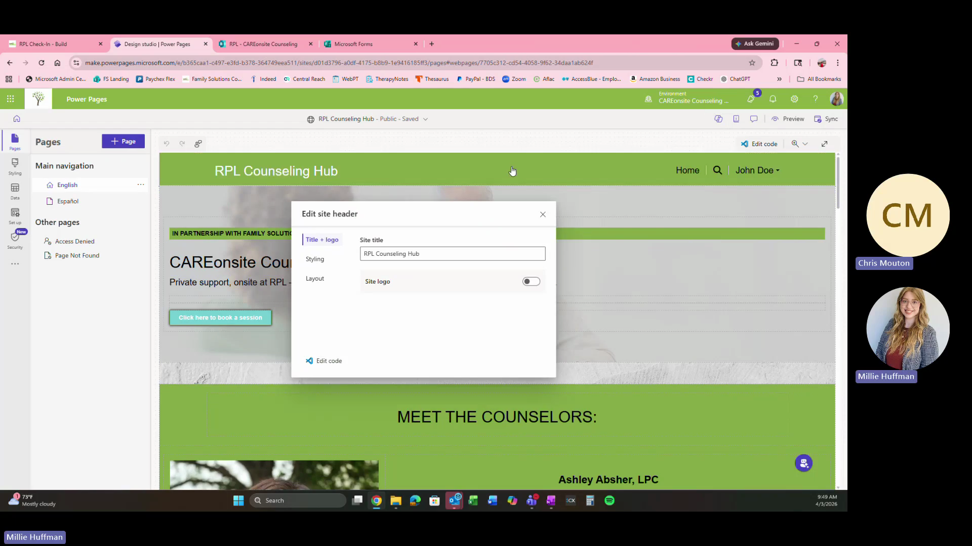 Step #3: Click the site header and select Title / Logo to adjust the site's specific branding.