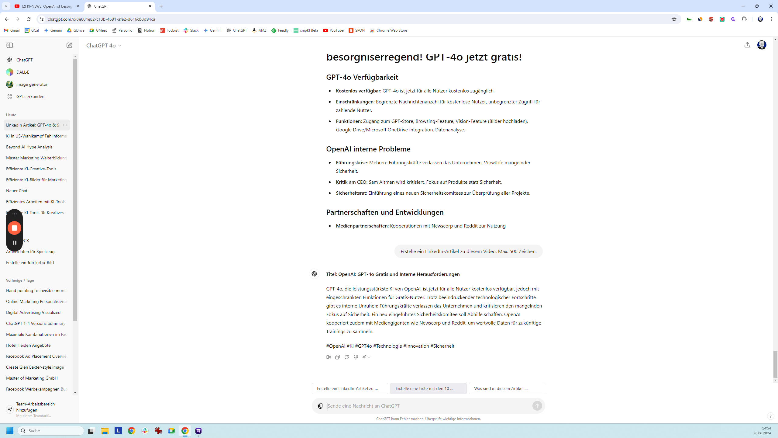 Step #15: Auch hier bekommen wir ein Ergebnis - in dem Fall einen Artikel für LinkedIn: