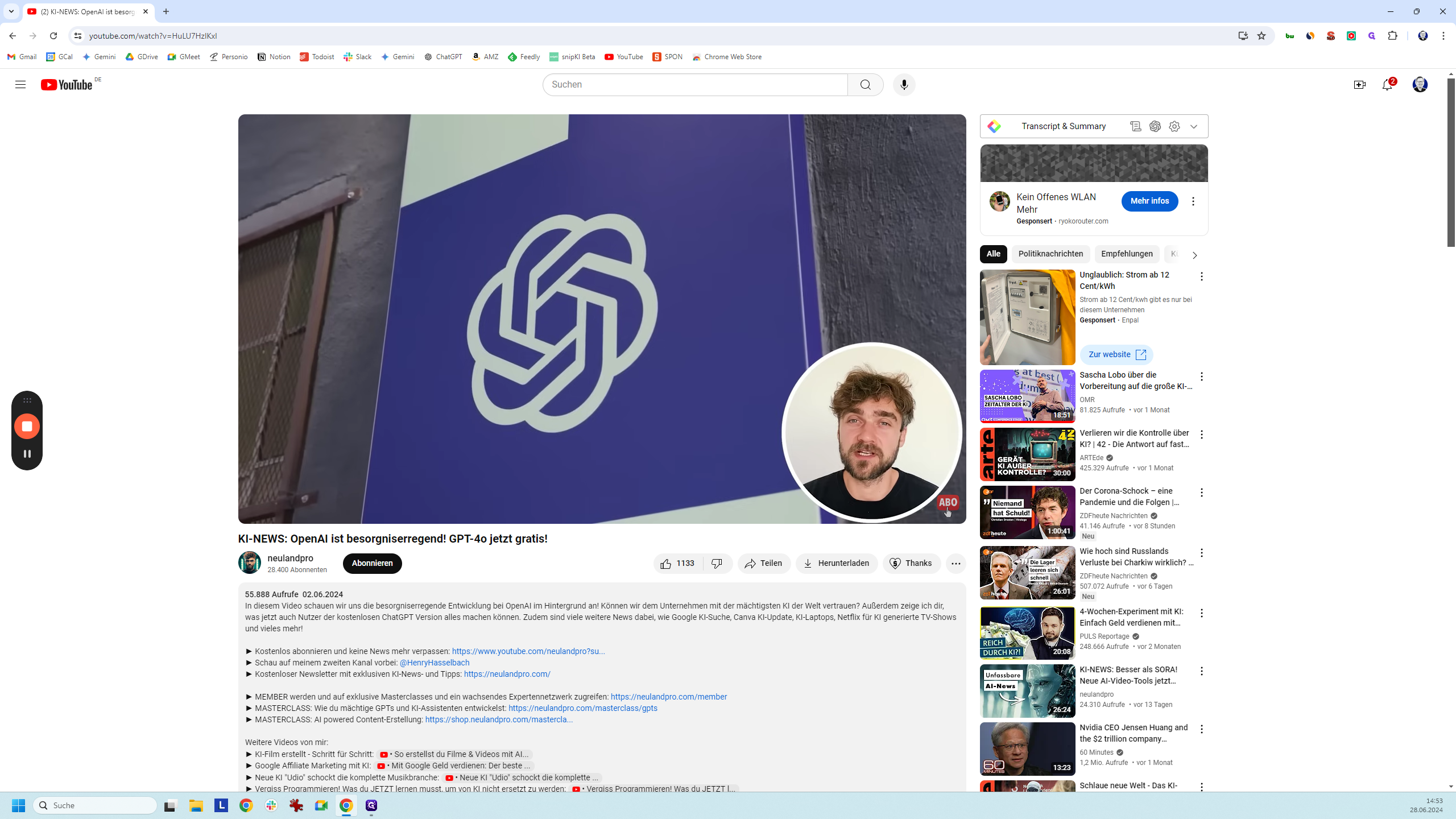 Step #10: Rechts neben dem Video seht ihr die "Transcript & Summary" Bar vom PlugIn.