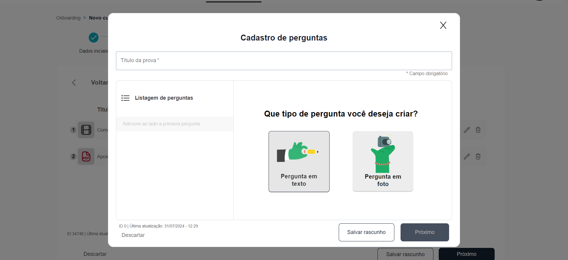 Step #23: Coloque o título da prova e selecione o tipo de pergunta. 