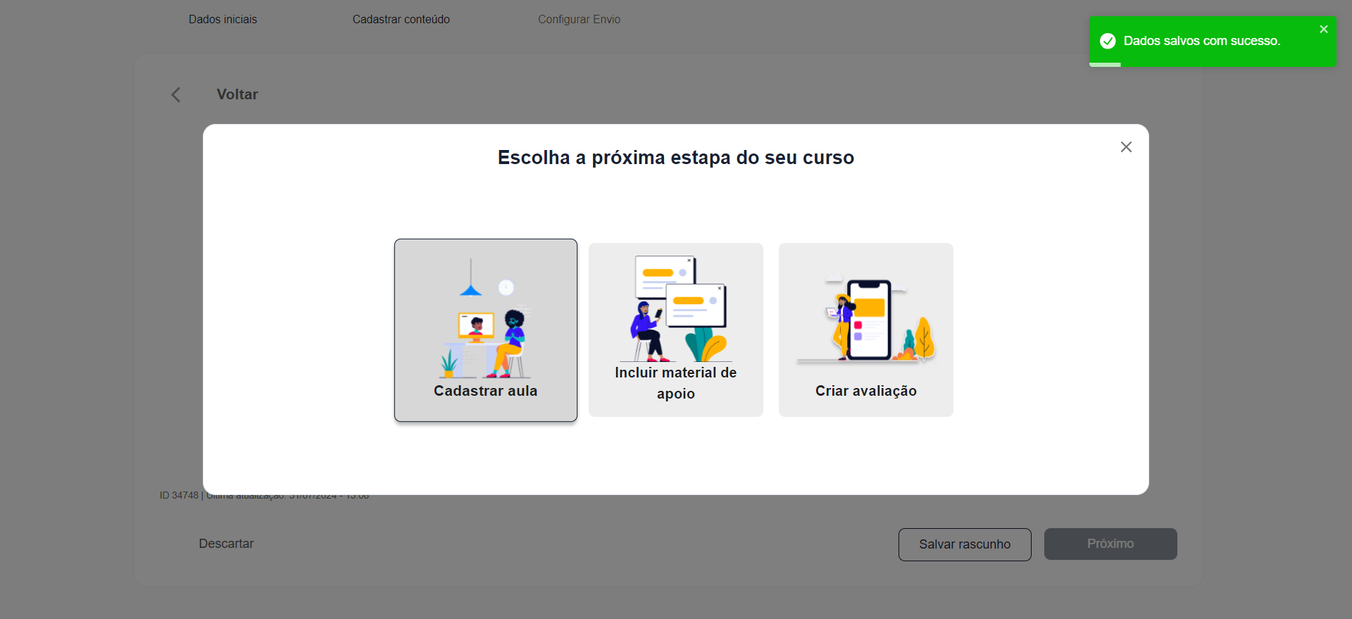 Step #9: Selecione cadastrar aula: