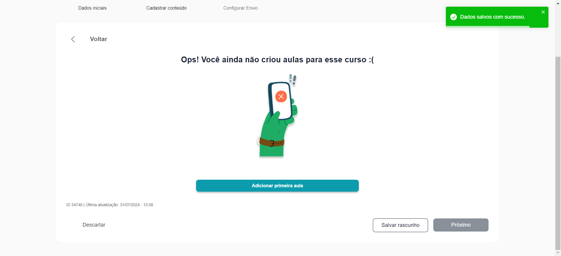 Step #8: Clique em 'Adicionar primeira aula'