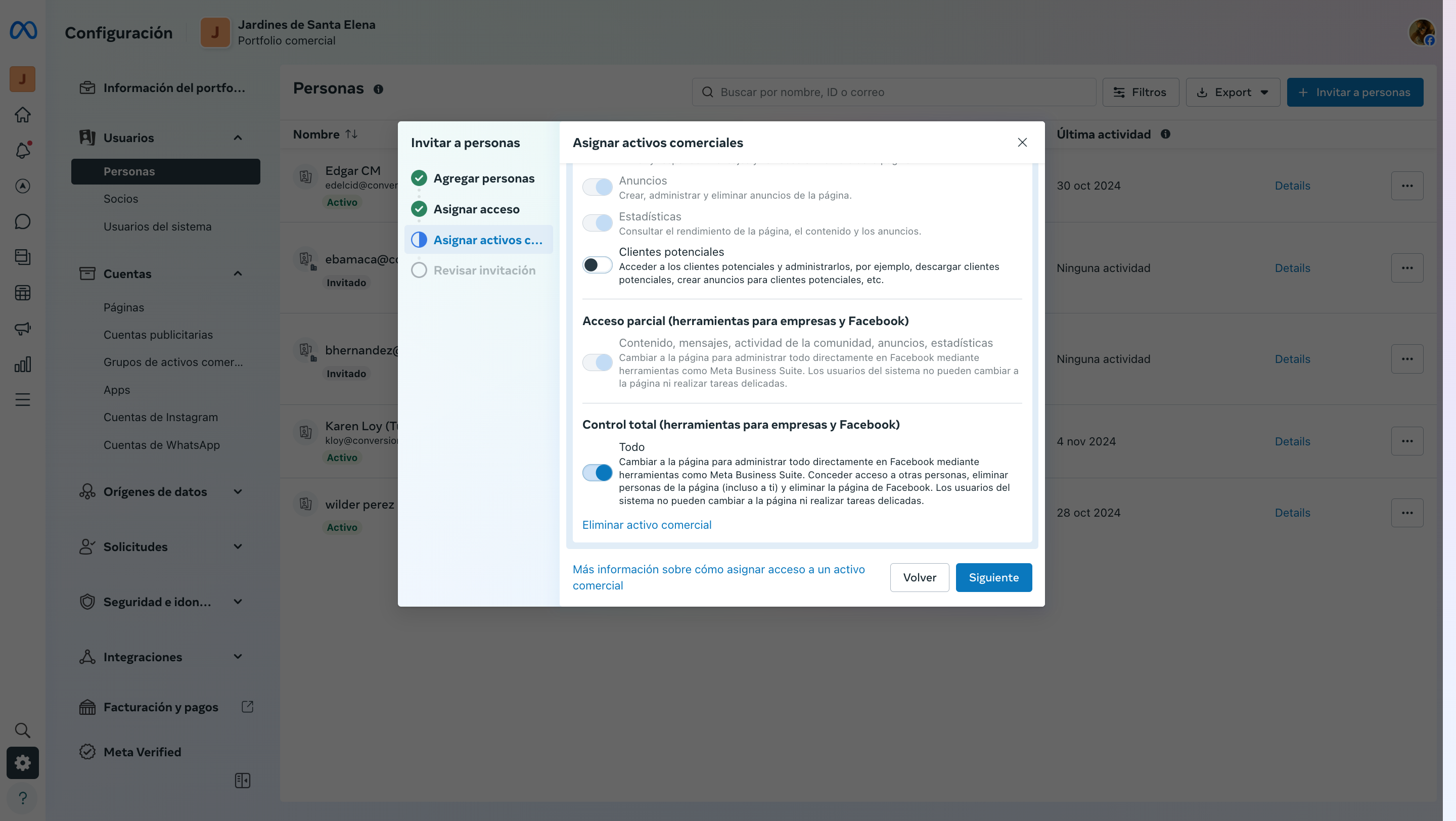 Step #16: En el apartado de Facebook, además de dar control total, habilitar la opción de "clientes potenciales"